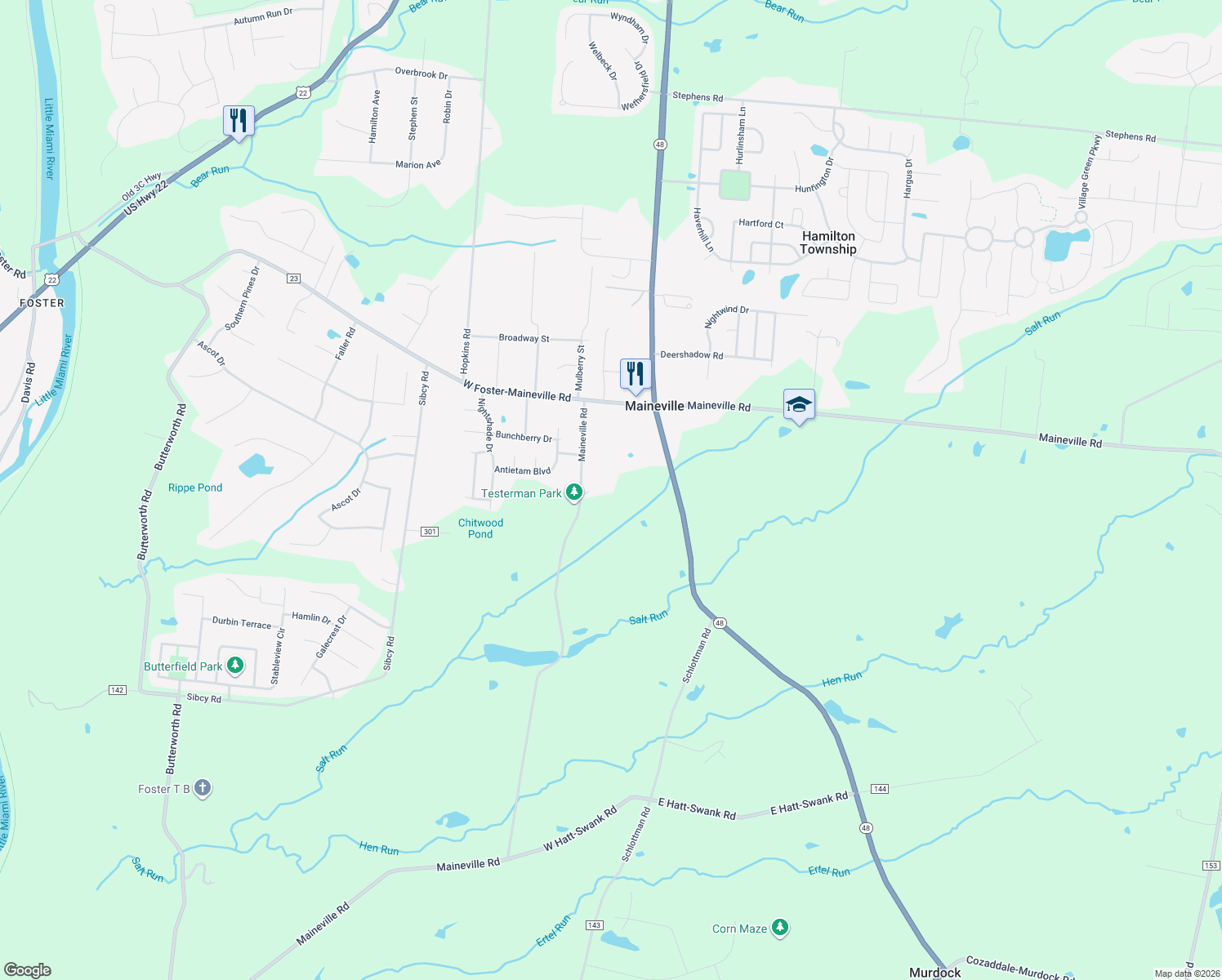 map of restaurants, bars, coffee shops, grocery stores, and more near 8396 Maineville Road in Maineville