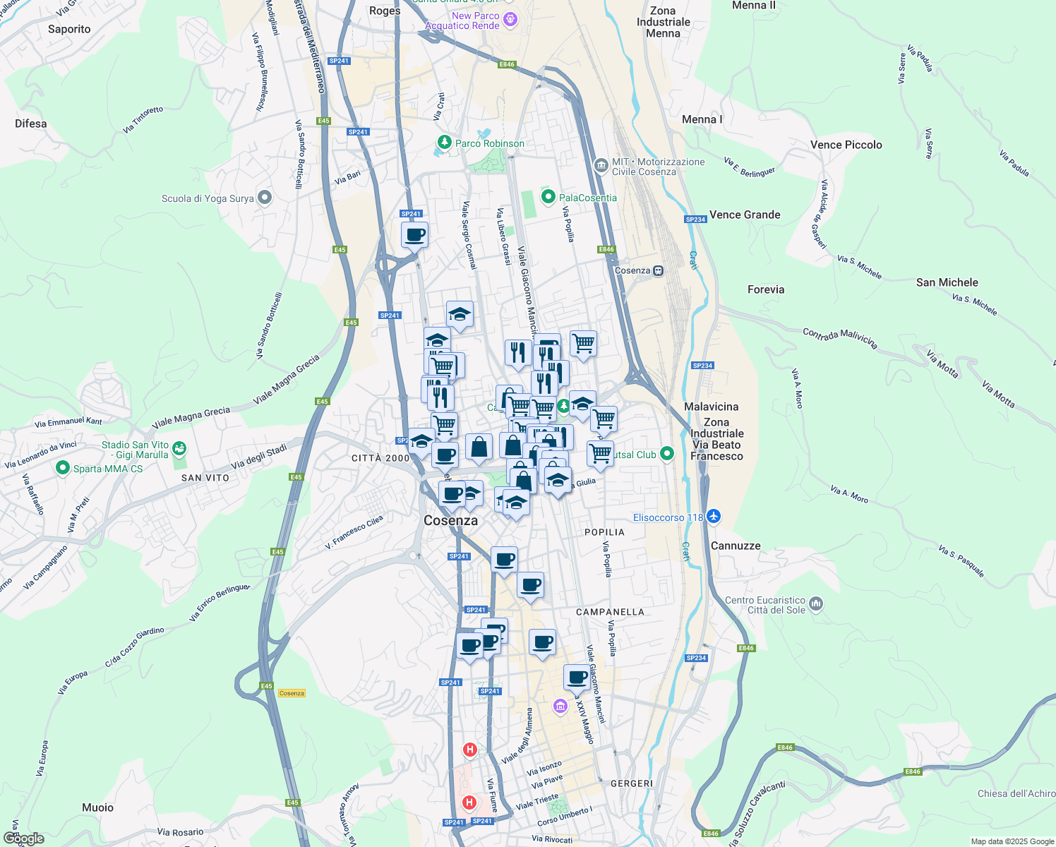map of restaurants, bars, coffee shops, grocery stores, and more near 17 Viale Paolo Borsellino in Cosenza
