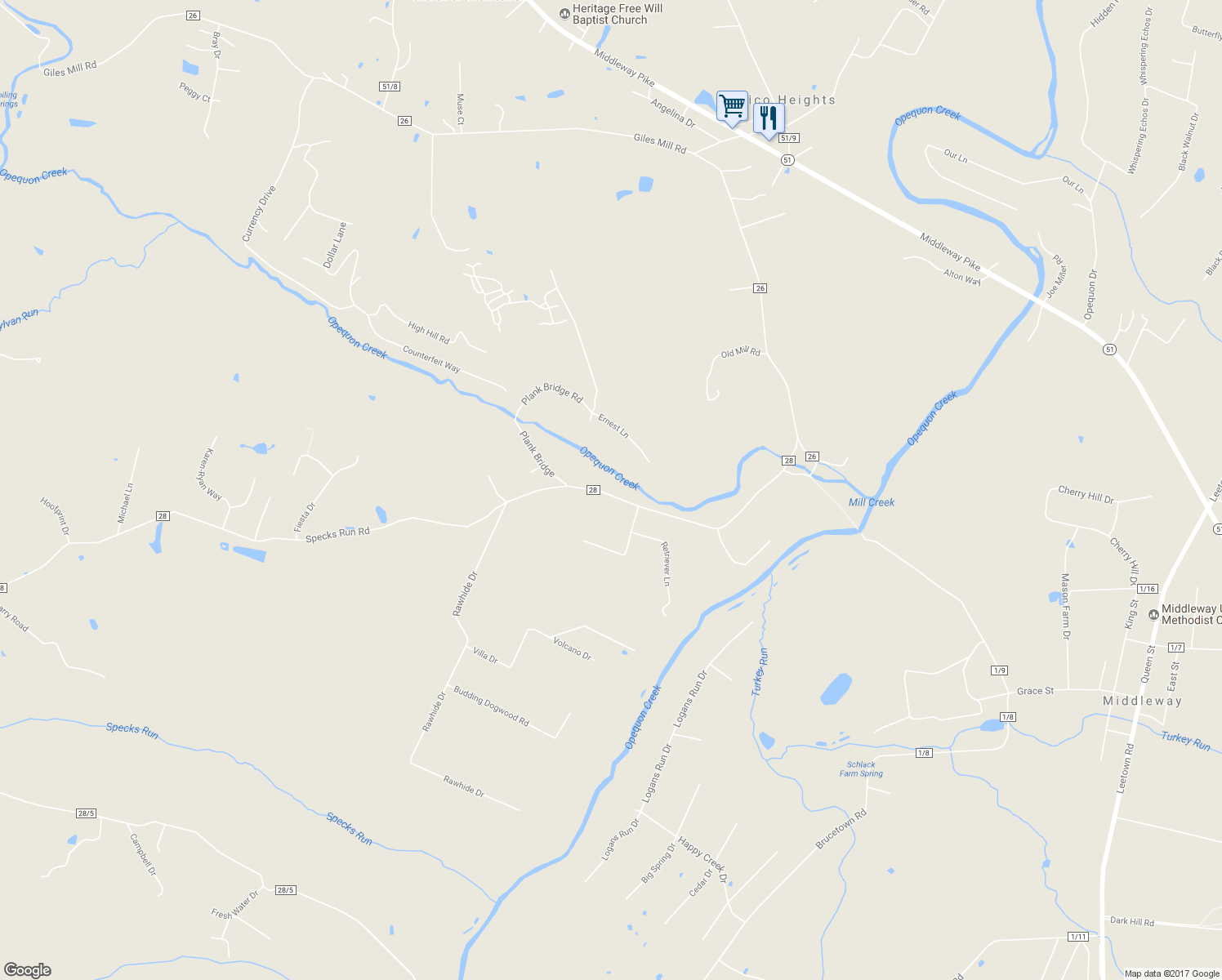 map of restaurants, bars, coffee shops, grocery stores, and more near 4319 Specks Run Road in Bunker Hill