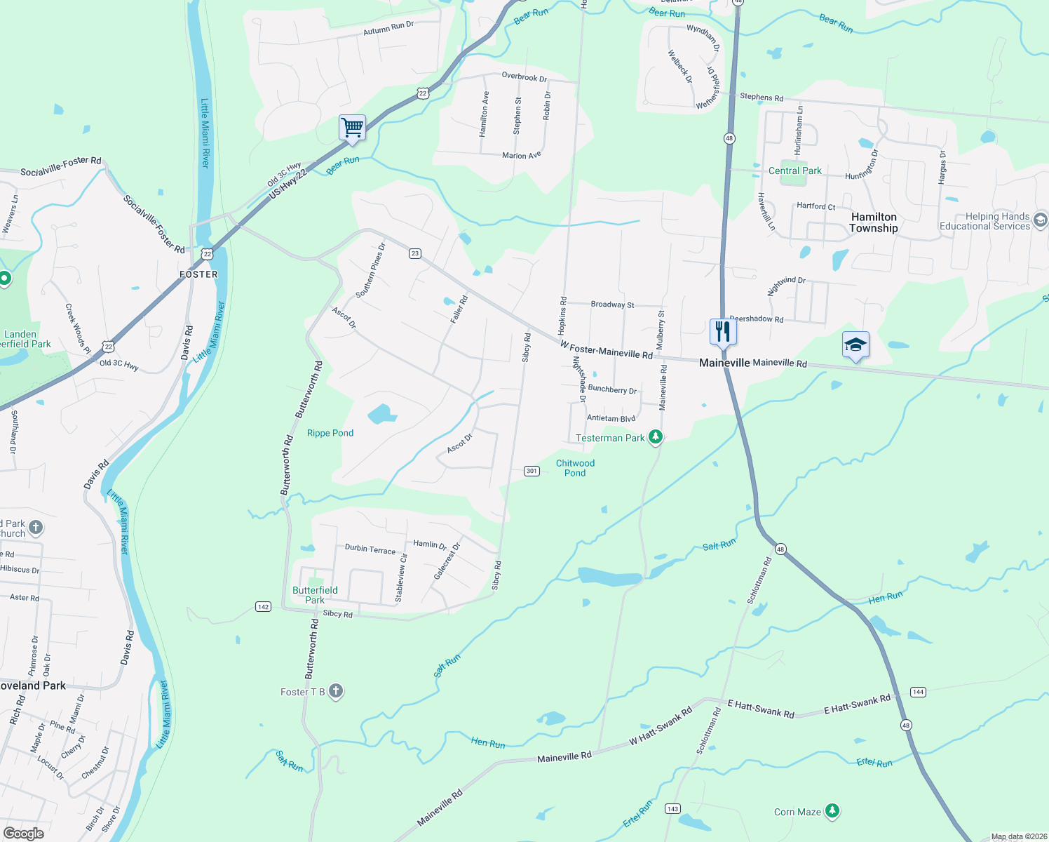 map of restaurants, bars, coffee shops, grocery stores, and more near 8232 Sibcy Road in Maineville