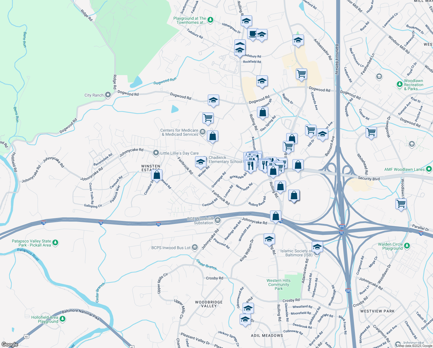 map of restaurants, bars, coffee shops, grocery stores, and more near 1905 Calais Court in Woodlawn