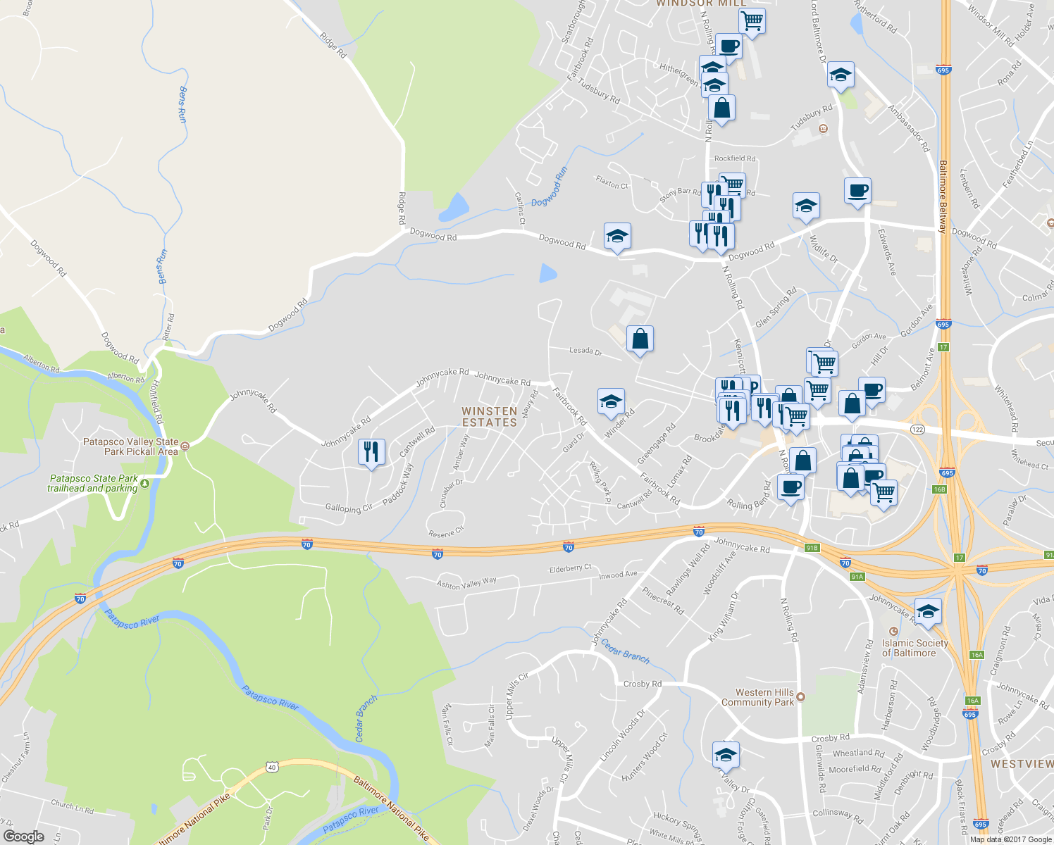 map of restaurants, bars, coffee shops, grocery stores, and more near 7544 Maury Road in Woodlawn