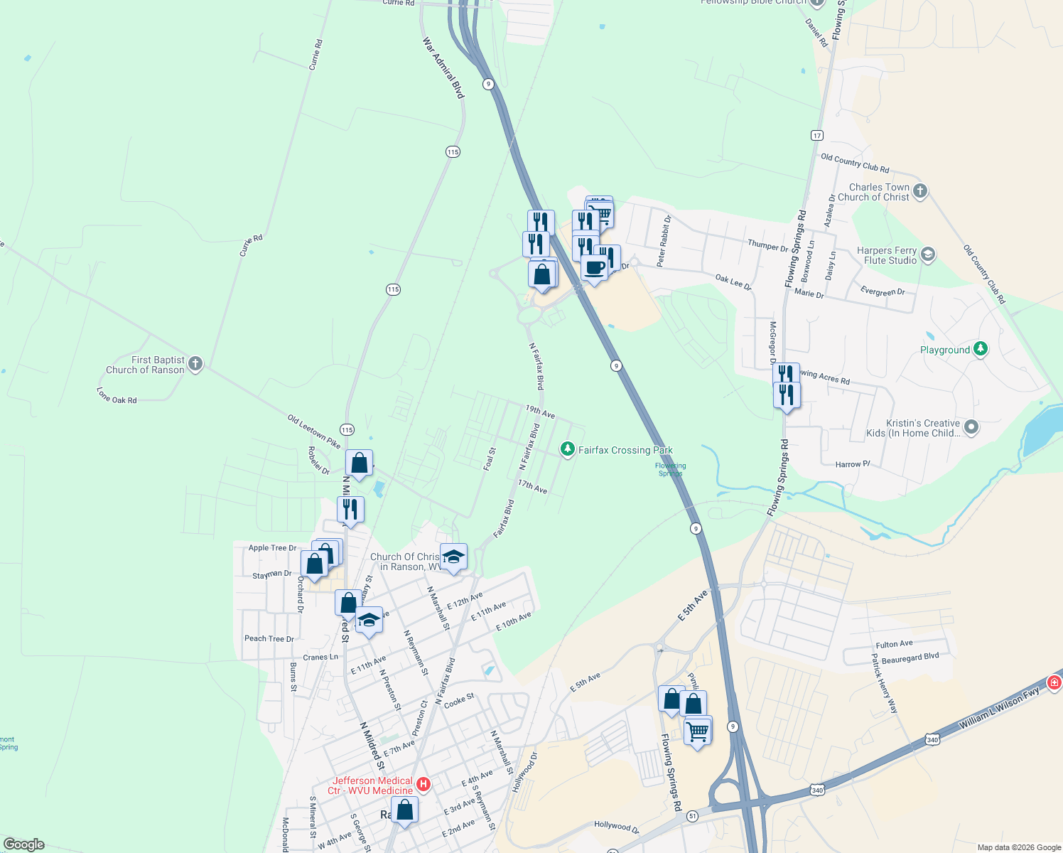 map of restaurants, bars, coffee shops, grocery stores, and more near 1331 North Fairfax Boulevard in Ranson