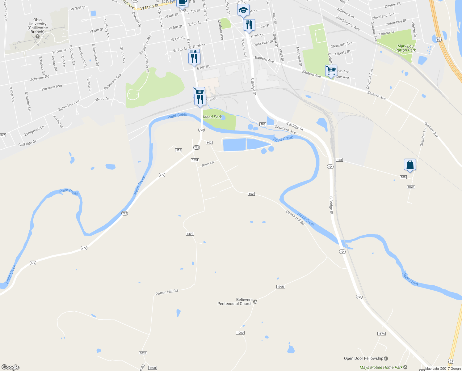 map of restaurants, bars, coffee shops, grocery stores, and more near 1121 Cooks Hill Road in Chillicothe