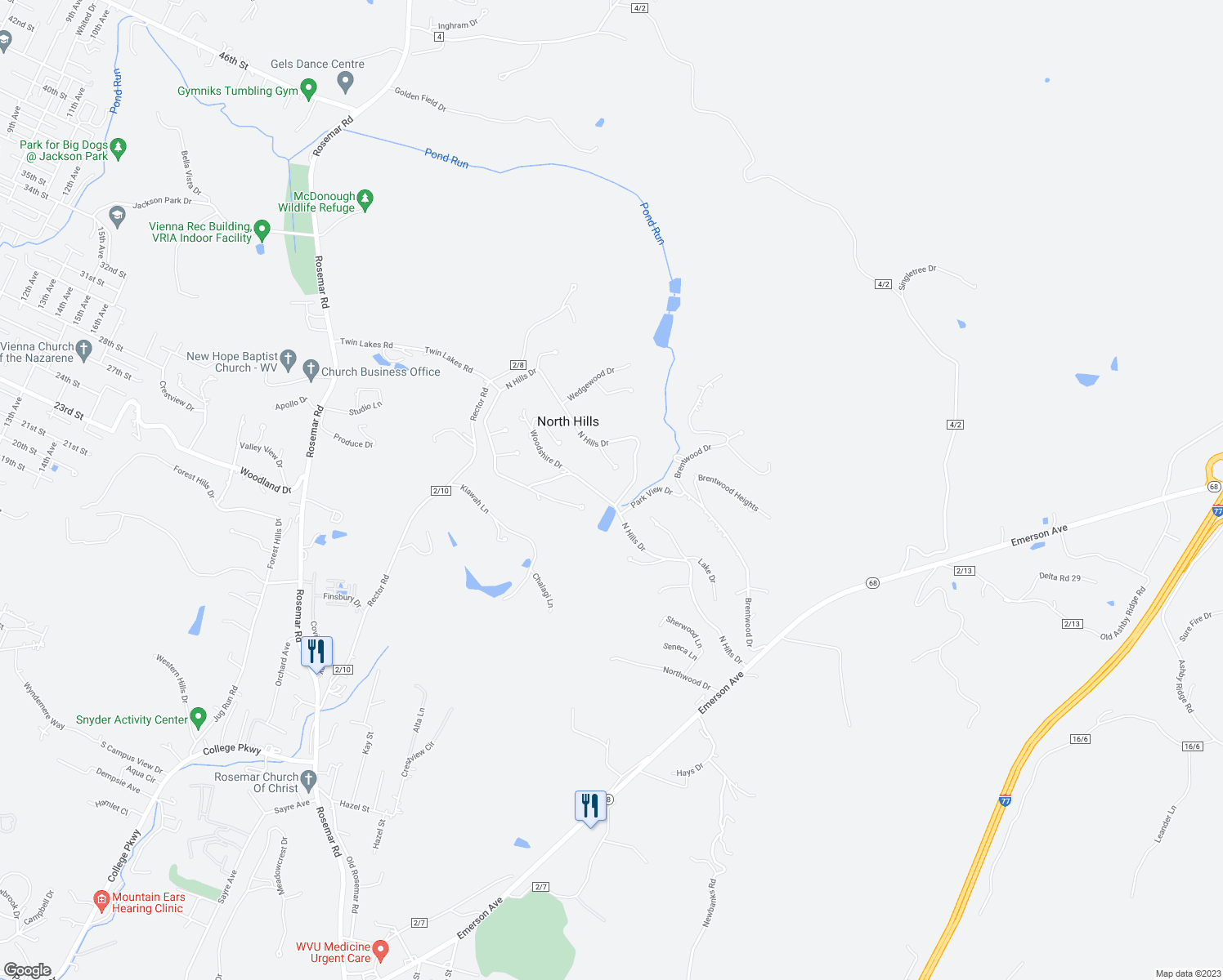map of restaurants, bars, coffee shops, grocery stores, and more near 119 North Hills Drive in Parkersburg