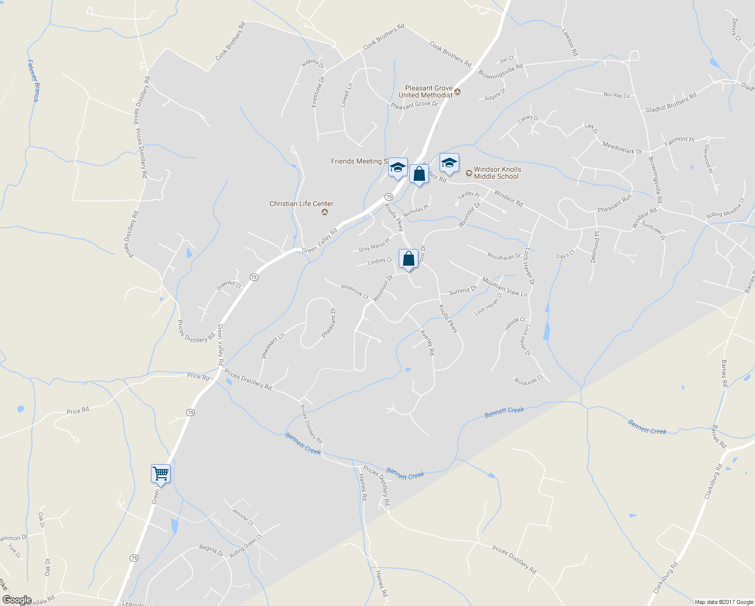 map of restaurants, bars, coffee shops, grocery stores, and more near 11134 Innsbrook Way in Ijamsville