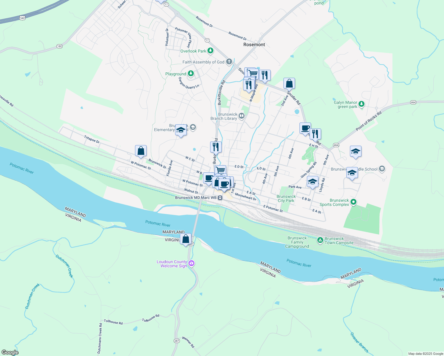 map of restaurants, bars, coffee shops, grocery stores, and more near 7 West B Street in Brunswick