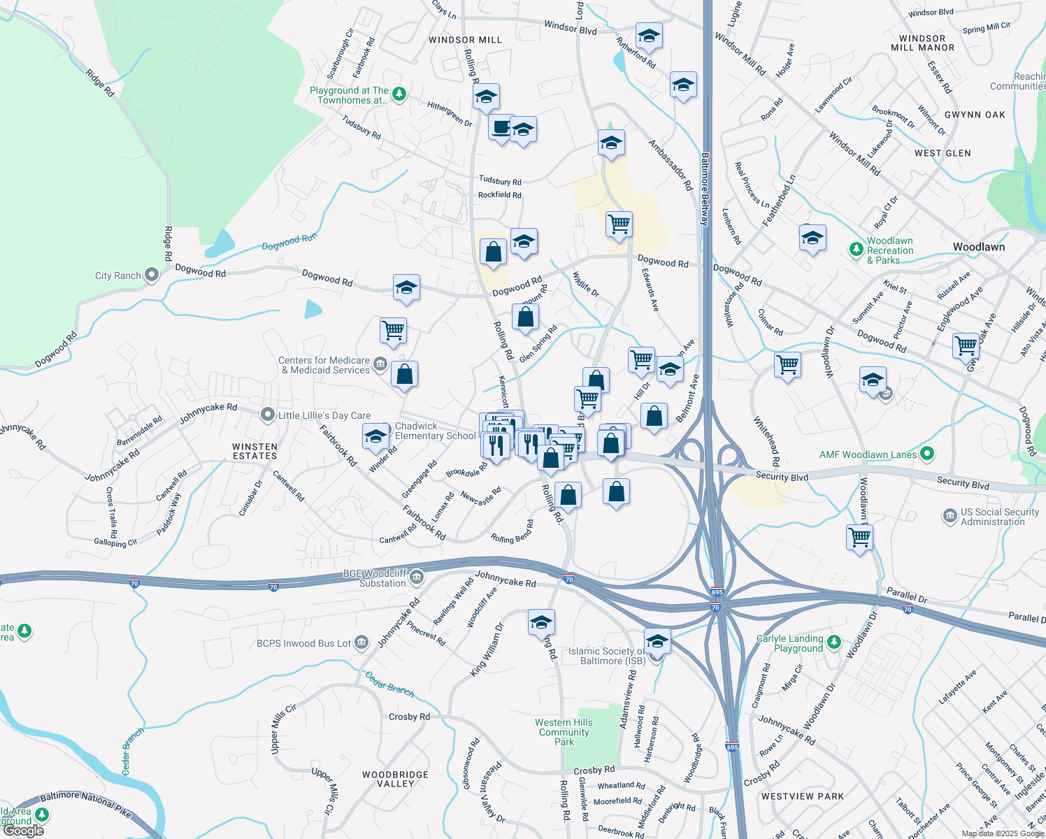 map of restaurants, bars, coffee shops, grocery stores, and more near 2012 North Rolling Road in Woodlawn