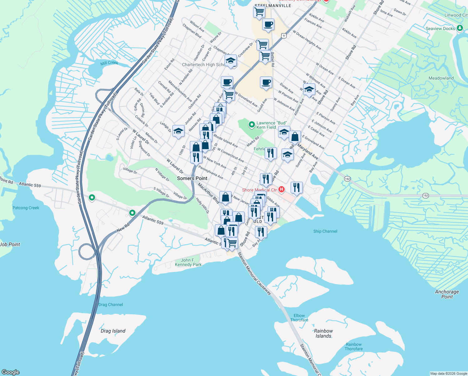 map of restaurants, bars, coffee shops, grocery stores, and more near 747 3rd Street in Somers Point