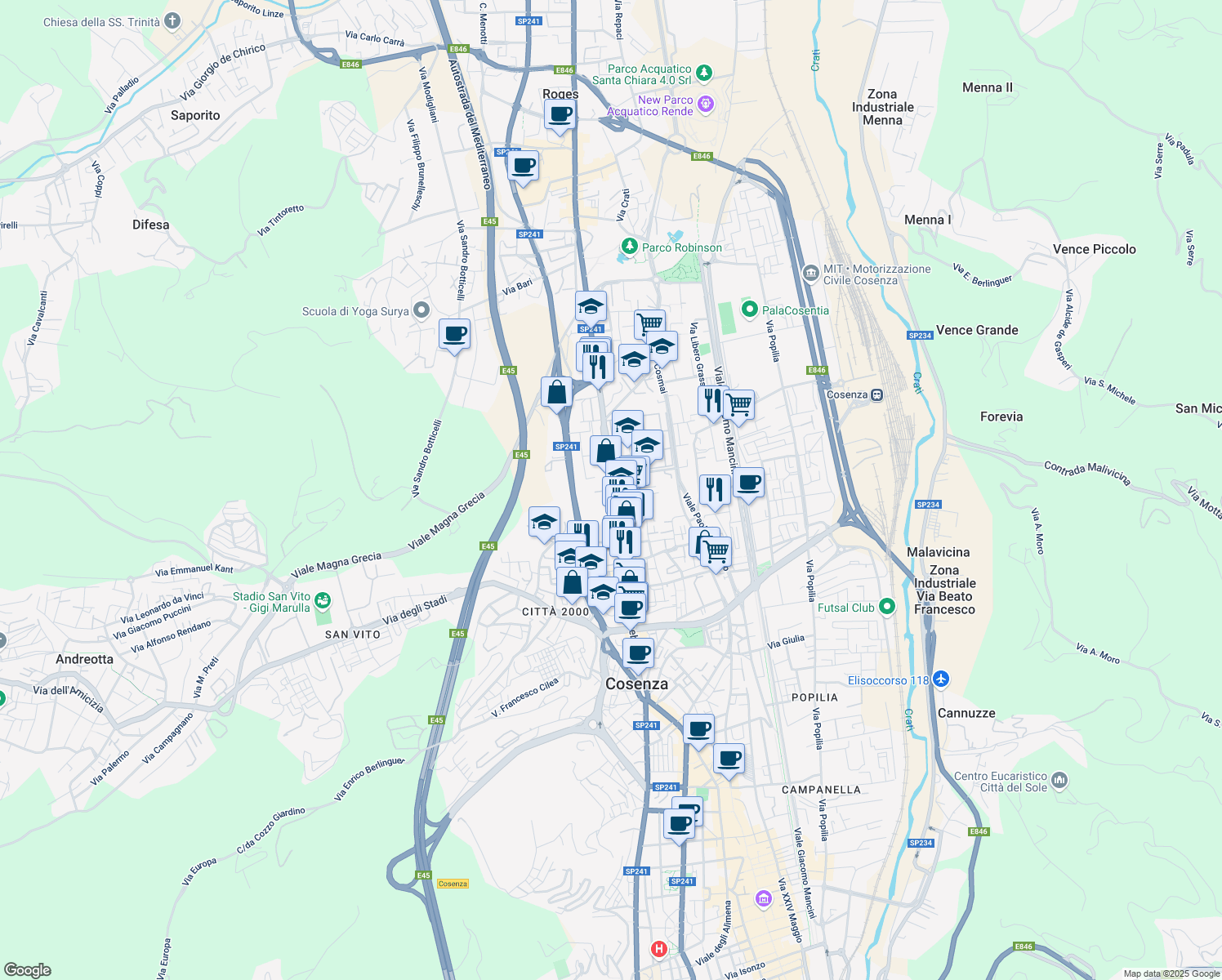 map of restaurants, bars, coffee shops, grocery stores, and more near Via Panebianco in Cosenza