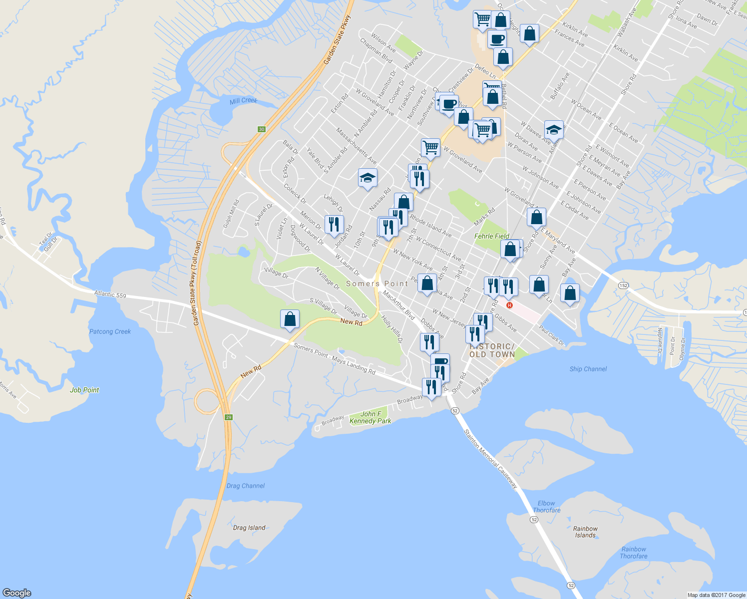 map of restaurants, bars, coffee shops, grocery stores, and more near 1 Holly Hills Drive in Somers Point