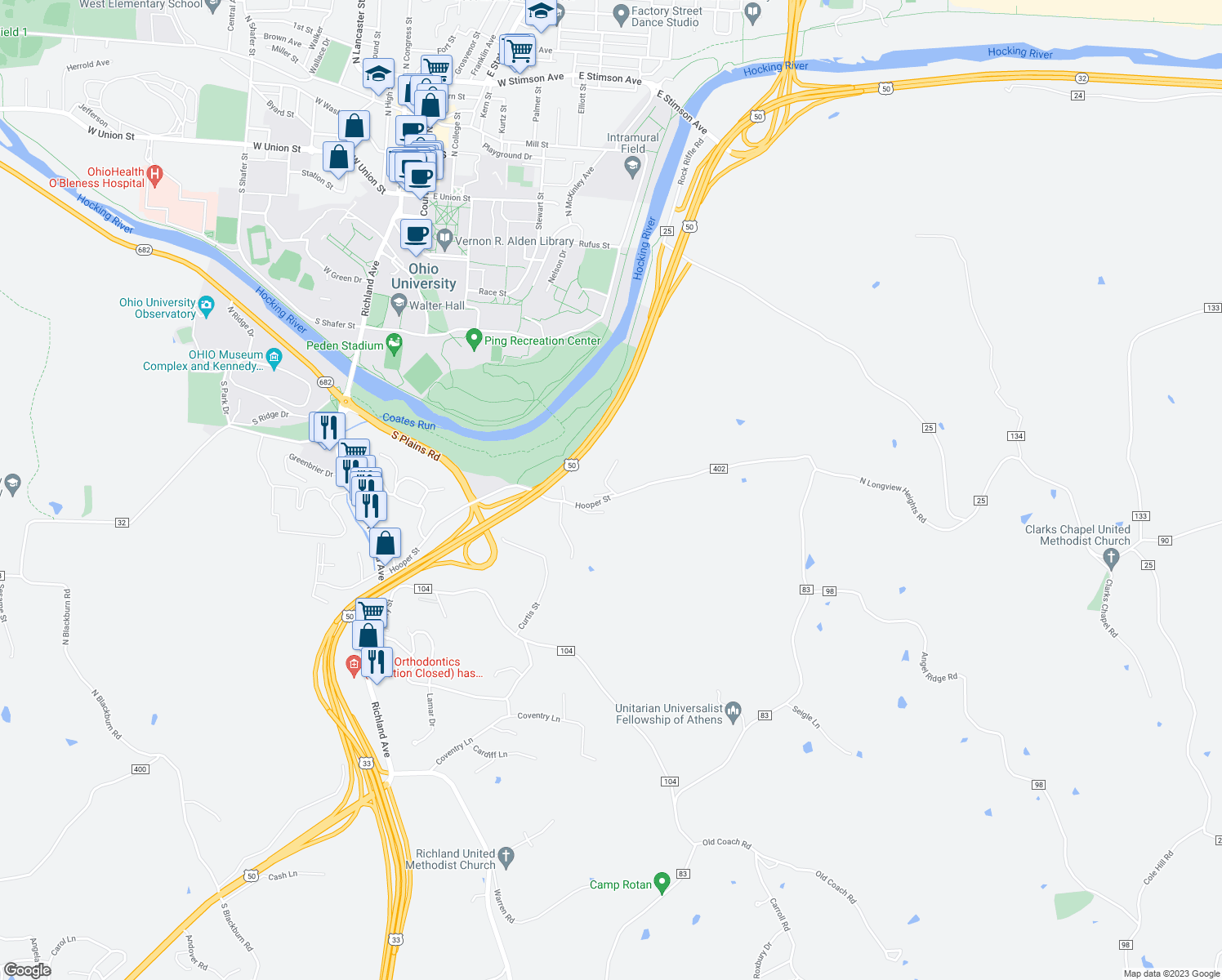 map of restaurants, bars, coffee shops, grocery stores, and more near 6 Monticello Drive in Athens