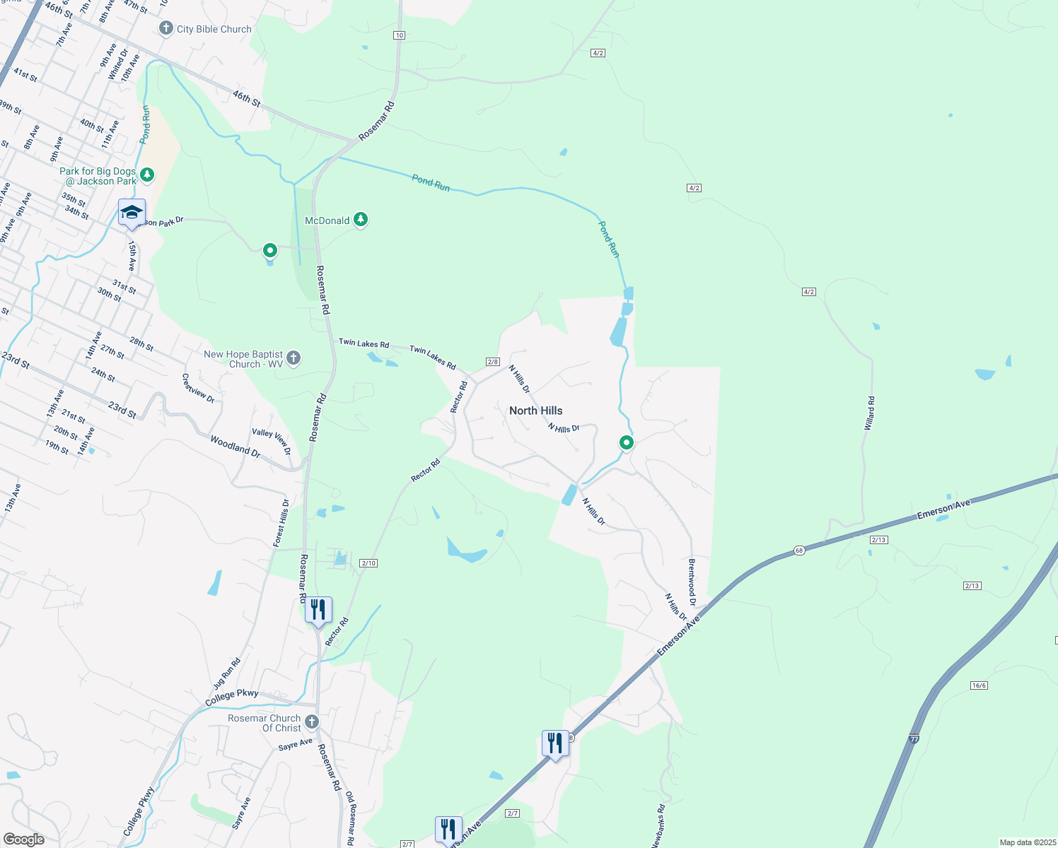 map of restaurants, bars, coffee shops, grocery stores, and more near 124 Woodshire Drive in Parkersburg