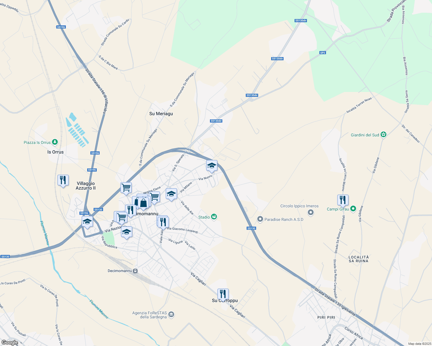 map of restaurants, bars, coffee shops, grocery stores, and more near 5 Via Oristano in Decimomannu