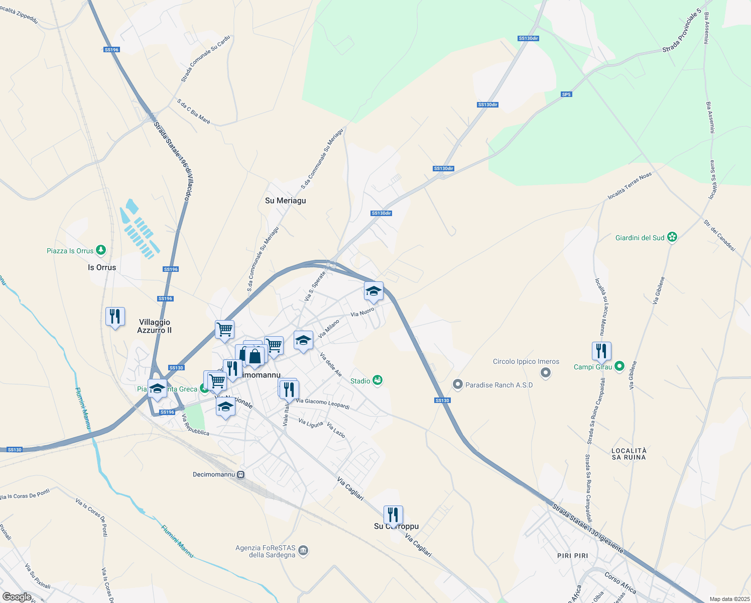 map of restaurants, bars, coffee shops, grocery stores, and more near 5 Via Oristano in Decimomannu