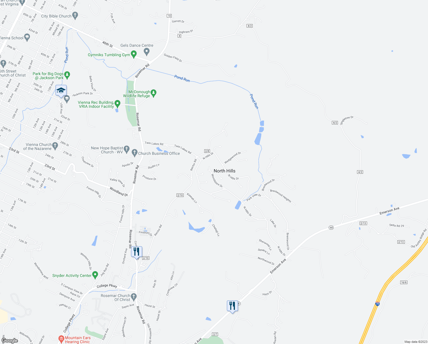 map of restaurants, bars, coffee shops, grocery stores, and more near 148 Woodshire Drive in Parkersburg