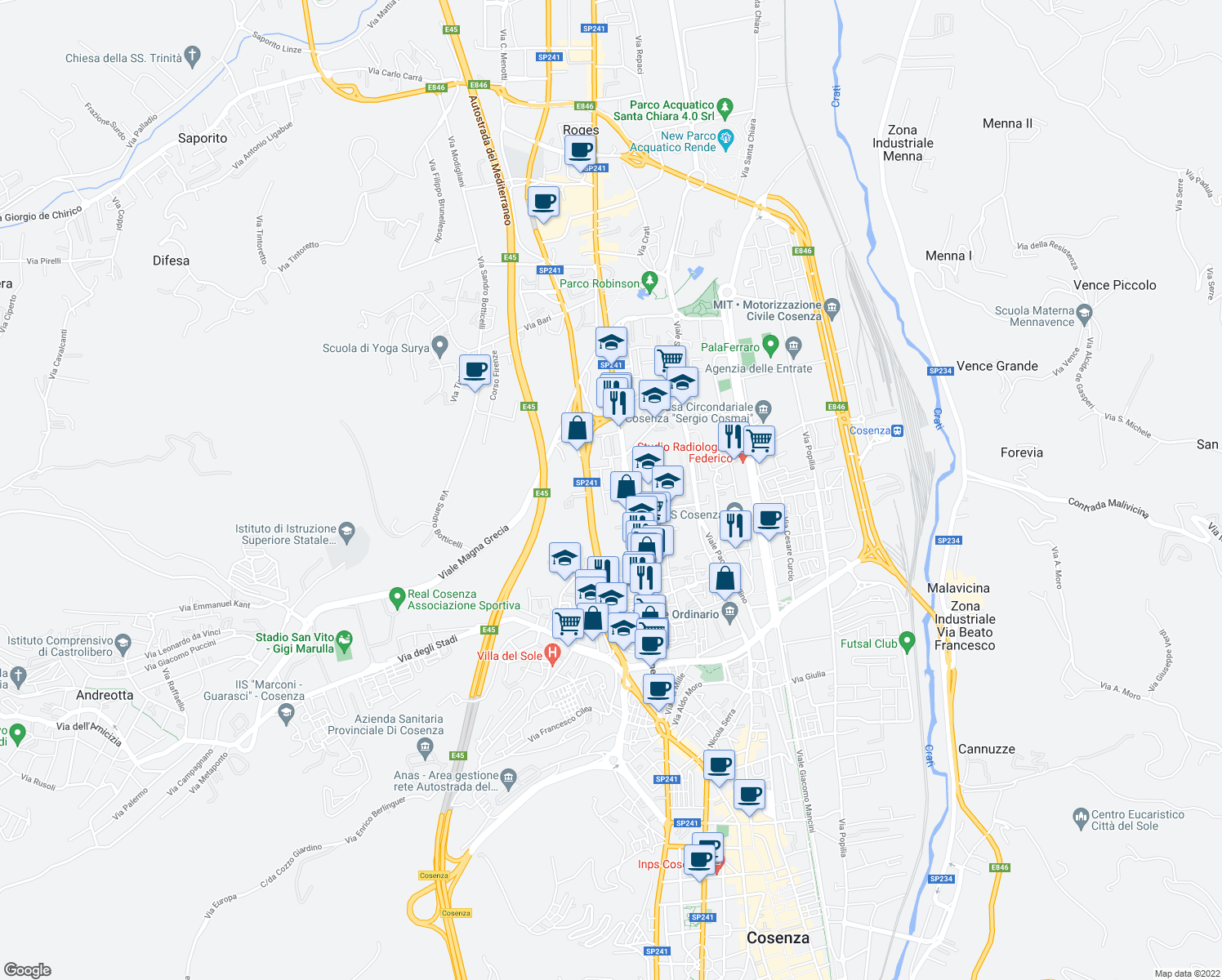 map of restaurants, bars, coffee shops, grocery stores, and more near 16 Via Antonio Lanza in Cosenza