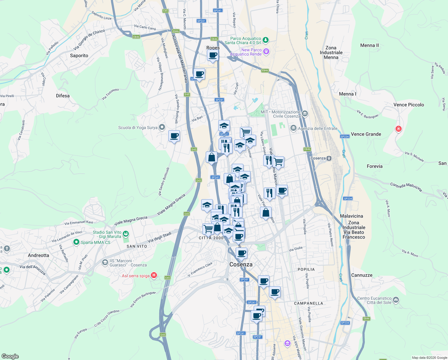 map of restaurants, bars, coffee shops, grocery stores, and more near 16 Via Antonio Lanza in Cosenza