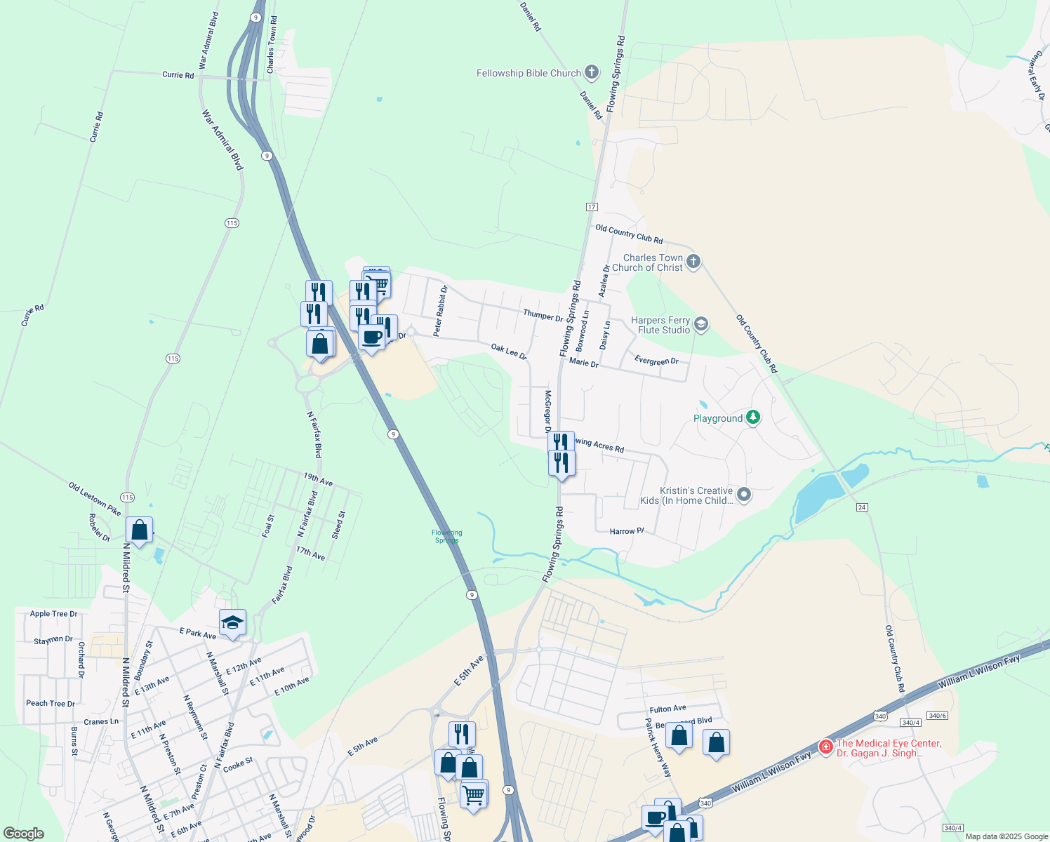 map of restaurants, bars, coffee shops, grocery stores, and more near 904 Oak Lee Drive in Ranson