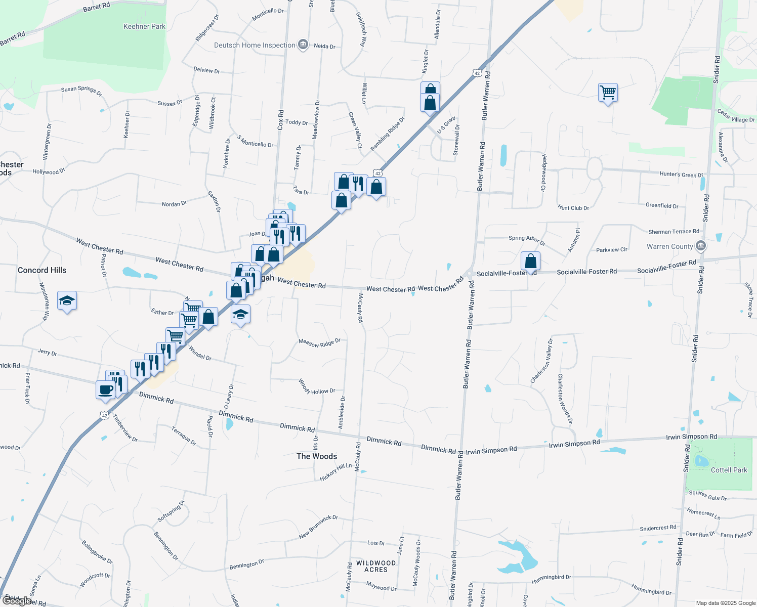 map of restaurants, bars, coffee shops, grocery stores, and more near 8129 West Chester Road in Butler County