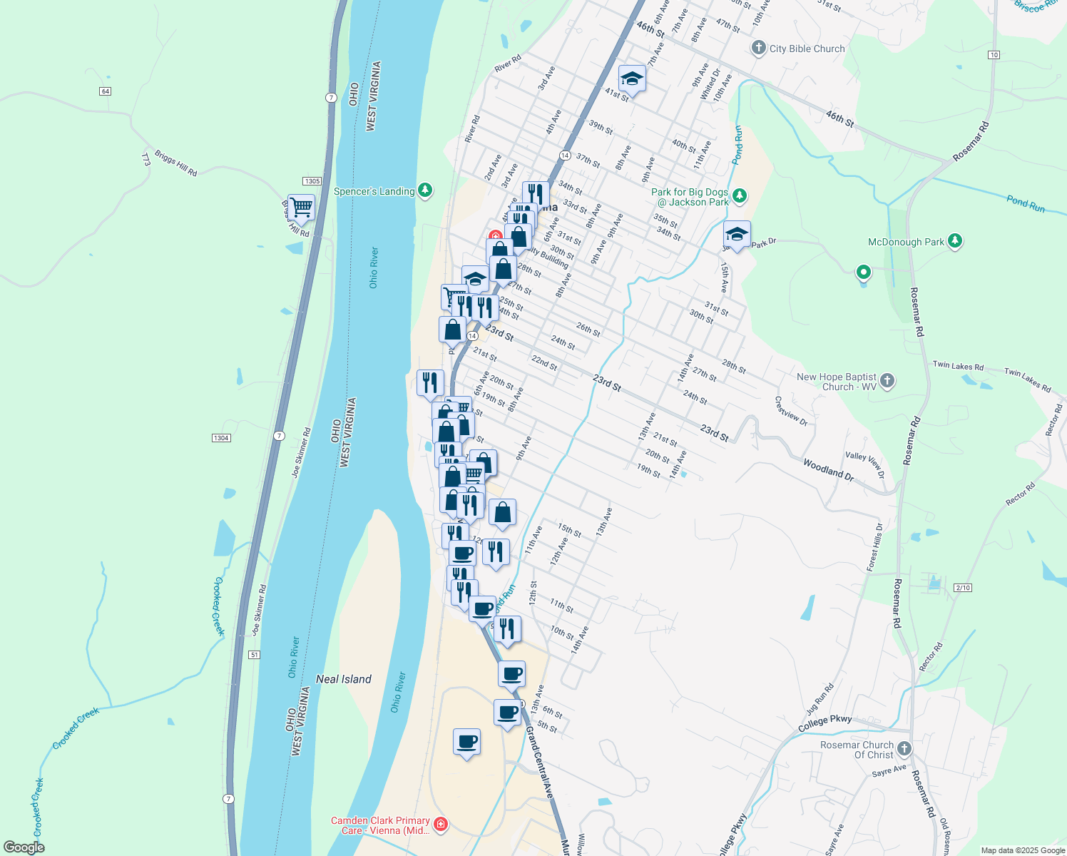 map of restaurants, bars, coffee shops, grocery stores, and more near 1850 9th Avenue in Vienna
