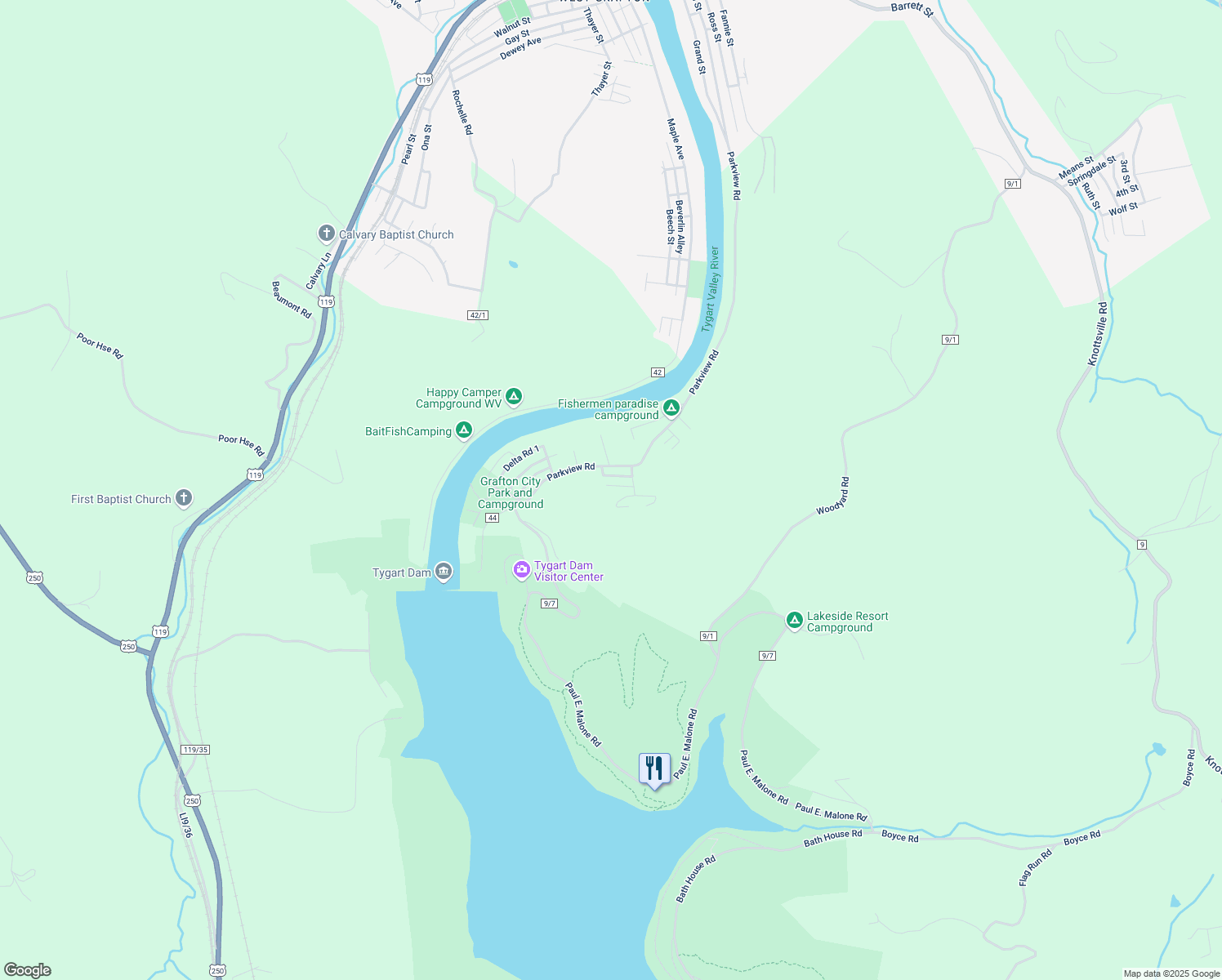 map of restaurants, bars, coffee shops, grocery stores, and more near 65 Shackleford Street in Grafton