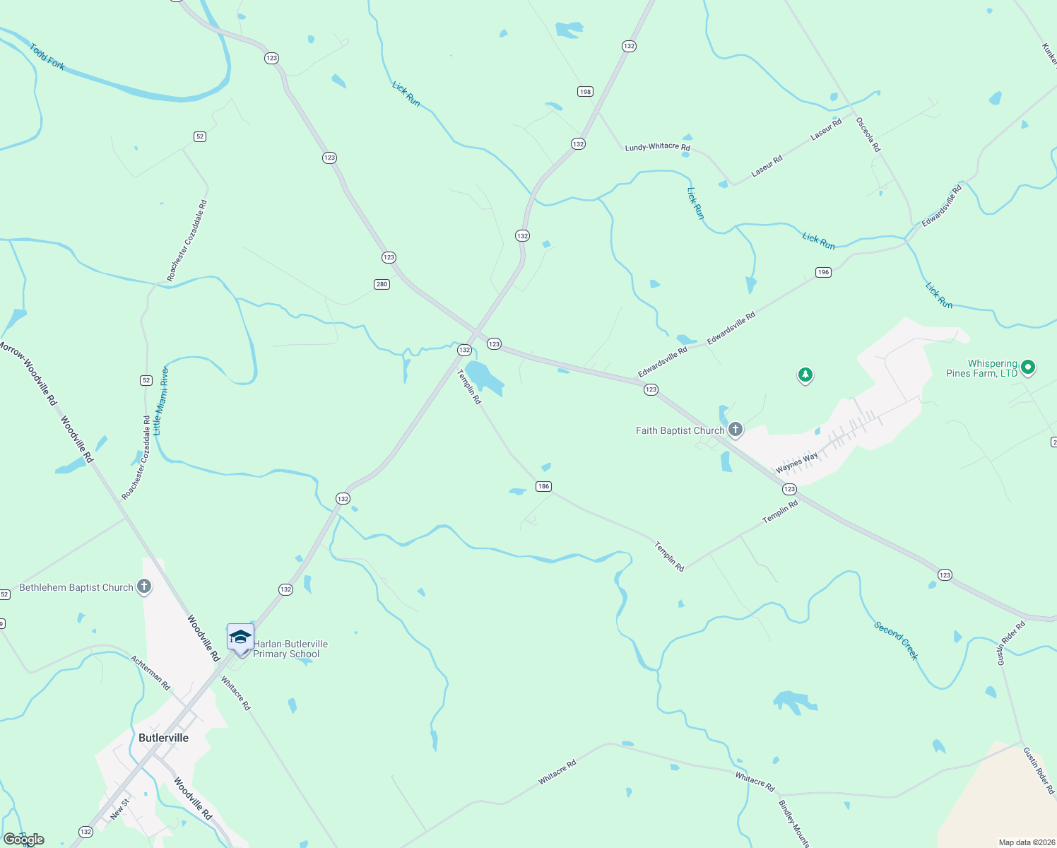 map of restaurants, bars, coffee shops, grocery stores, and more near 7334 Templin Road in Blanchester