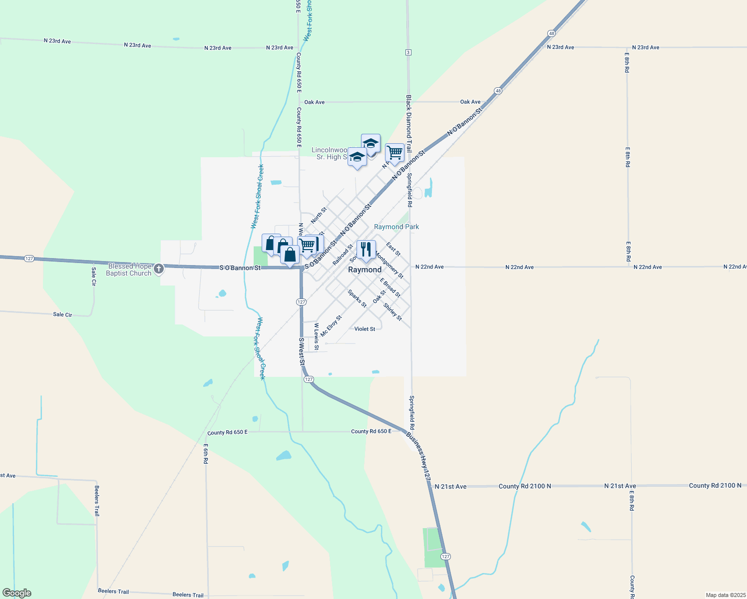 map of restaurants, bars, coffee shops, grocery stores, and more near 206 Oak Street in Raymond
