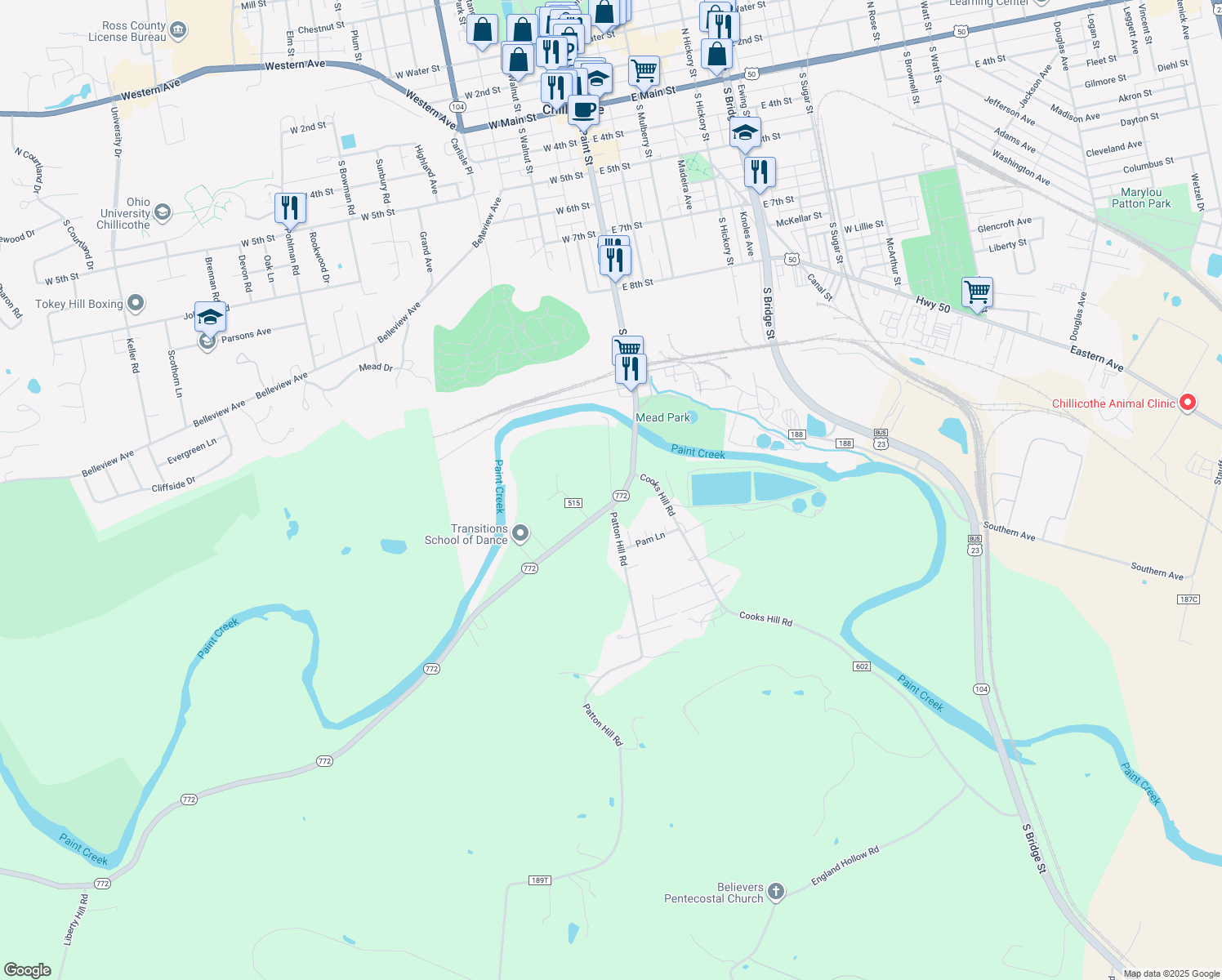 map of restaurants, bars, coffee shops, grocery stores, and more near 3351 Patton Hill Rd in Chillicothe