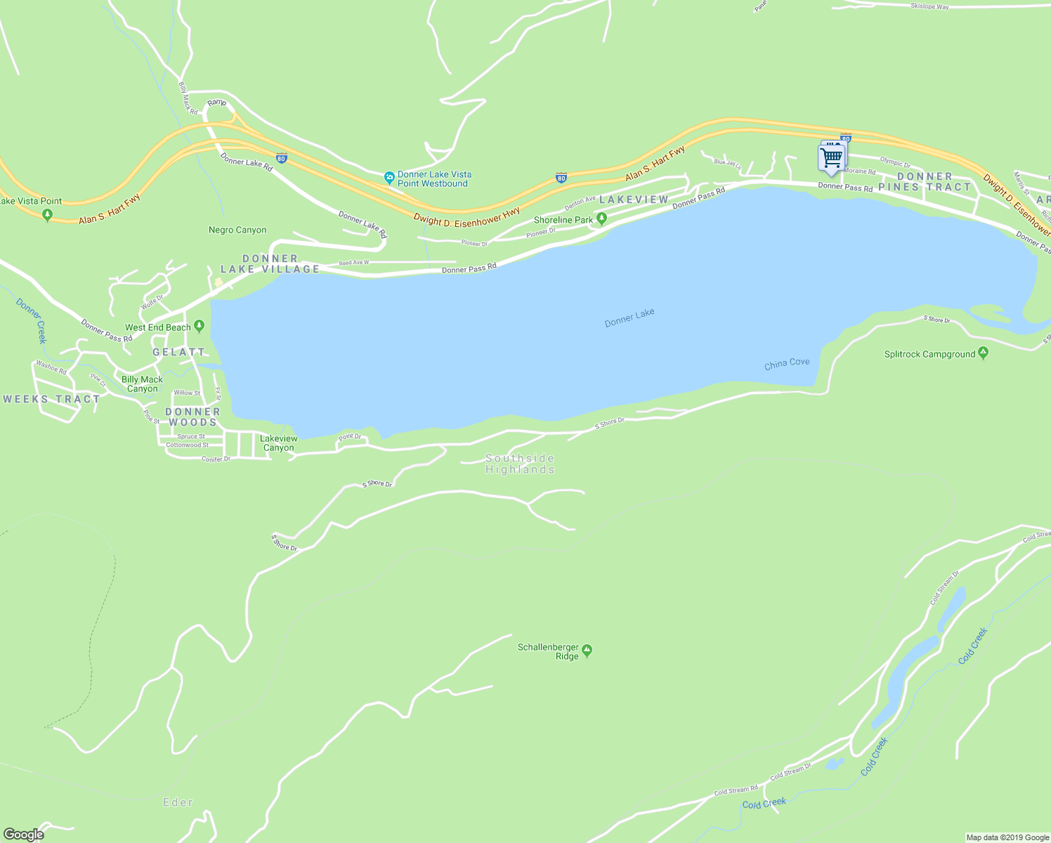 map of restaurants, bars, coffee shops, grocery stores, and more near 14618 South Shore Drive in Truckee