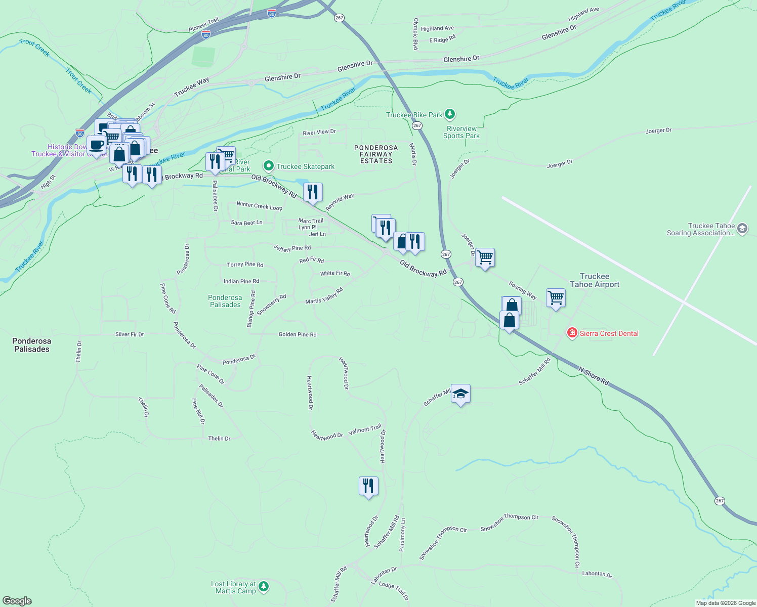 map of restaurants, bars, coffee shops, grocery stores, and more near 10240 Columbine Road in Truckee