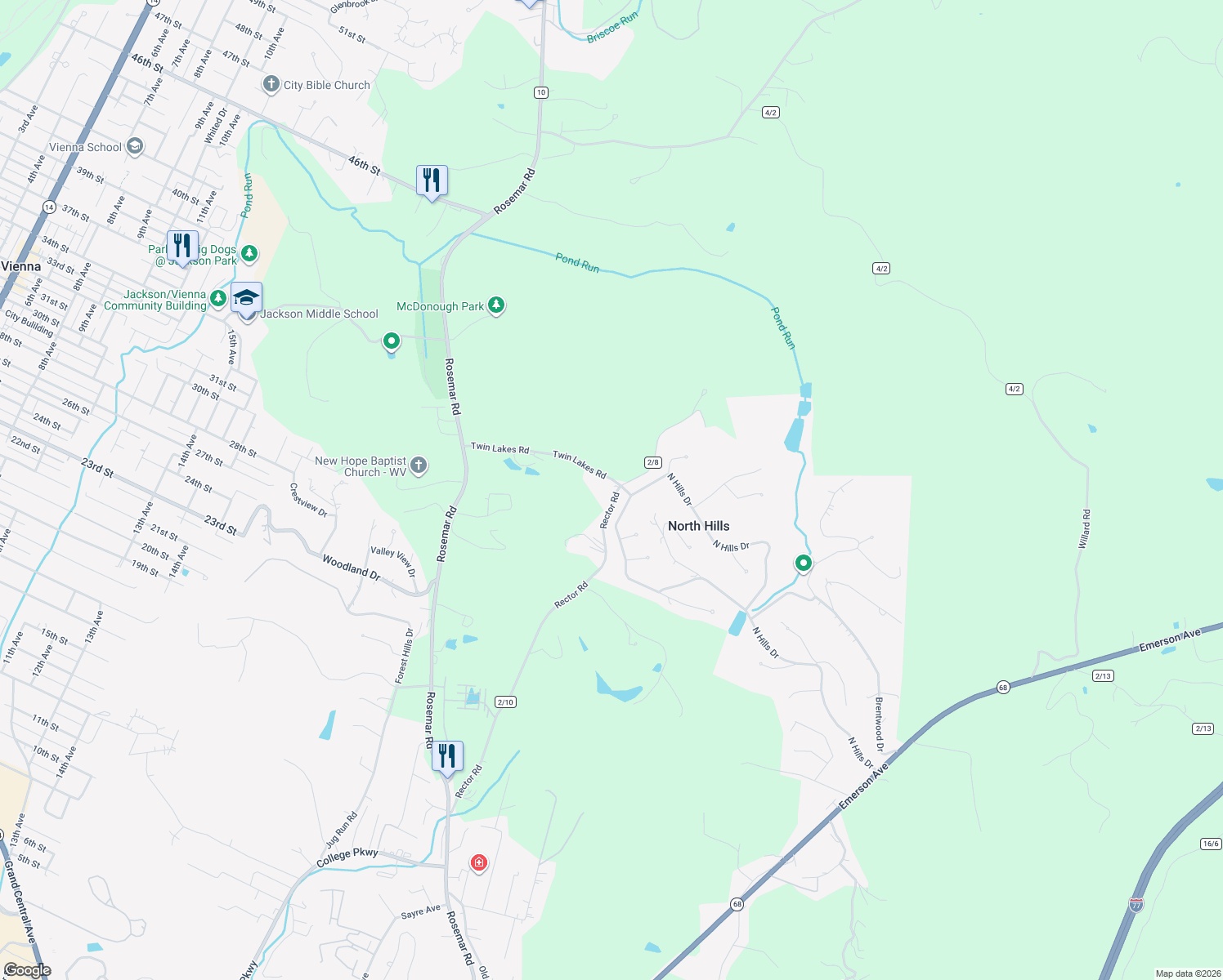 map of restaurants, bars, coffee shops, grocery stores, and more near 8 Rector Rd in Parkersburg