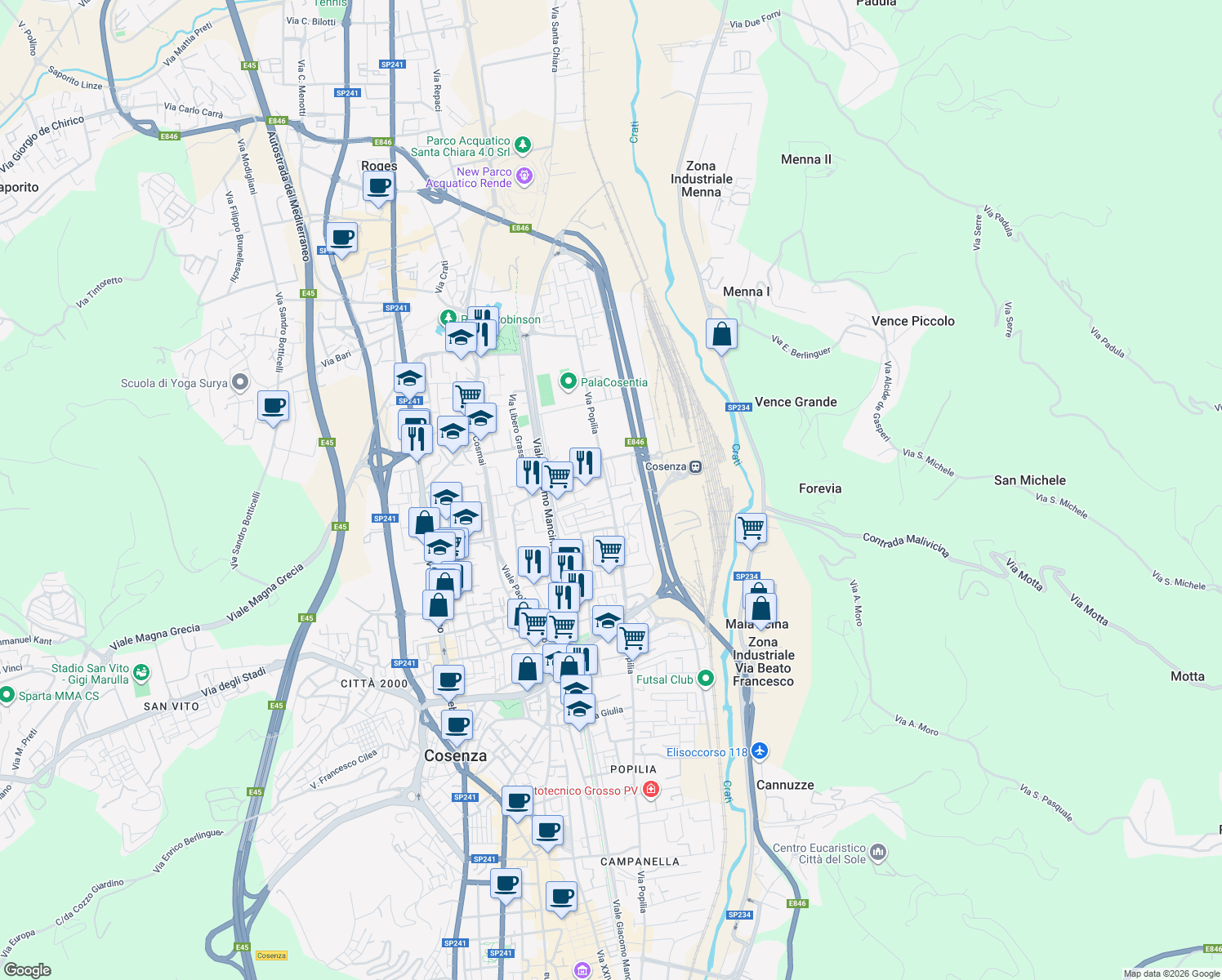map of restaurants, bars, coffee shops, grocery stores, and more near 252 Via Popilia in Cosenza