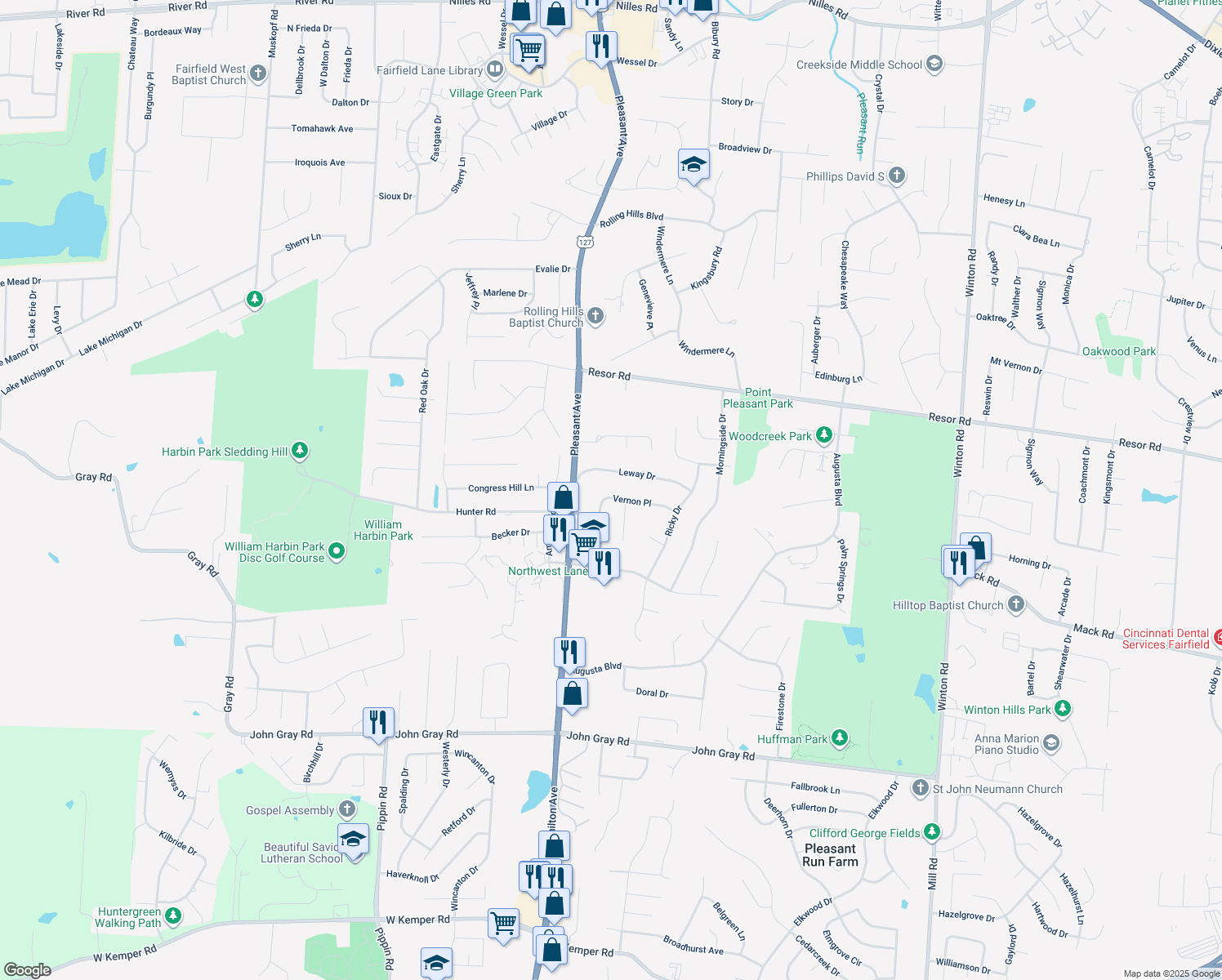 map of restaurants, bars, coffee shops, grocery stores, and more near 1782 Vernon Pl in Fairfield