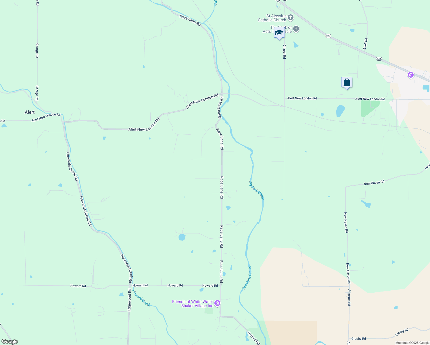 map of restaurants, bars, coffee shops, grocery stores, and more near 4055 Race Lane Road in Okeana