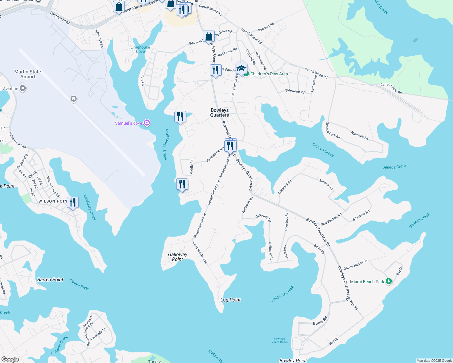 map of restaurants, bars, coffee shops, grocery stores, and more near 919 Susquehanna Avenue in Middle River