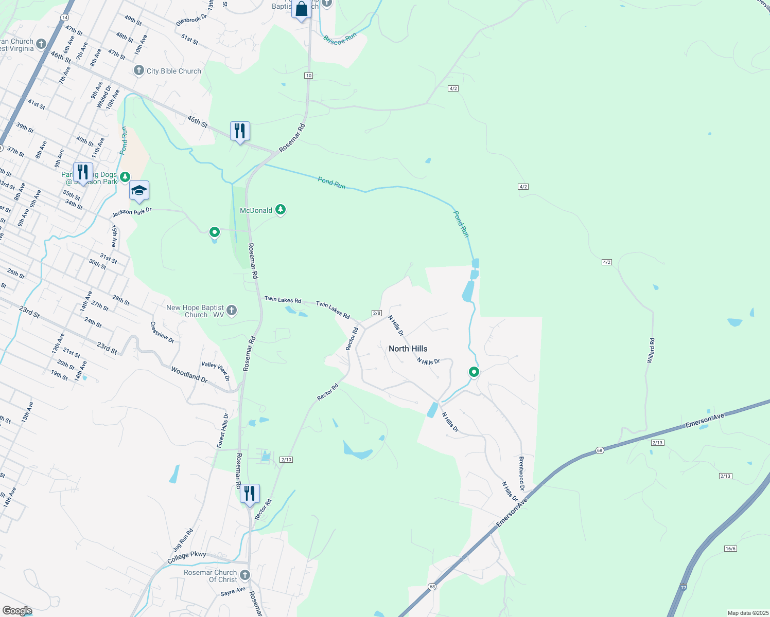 map of restaurants, bars, coffee shops, grocery stores, and more near 104 Tanglewood Pl in Parkersburg