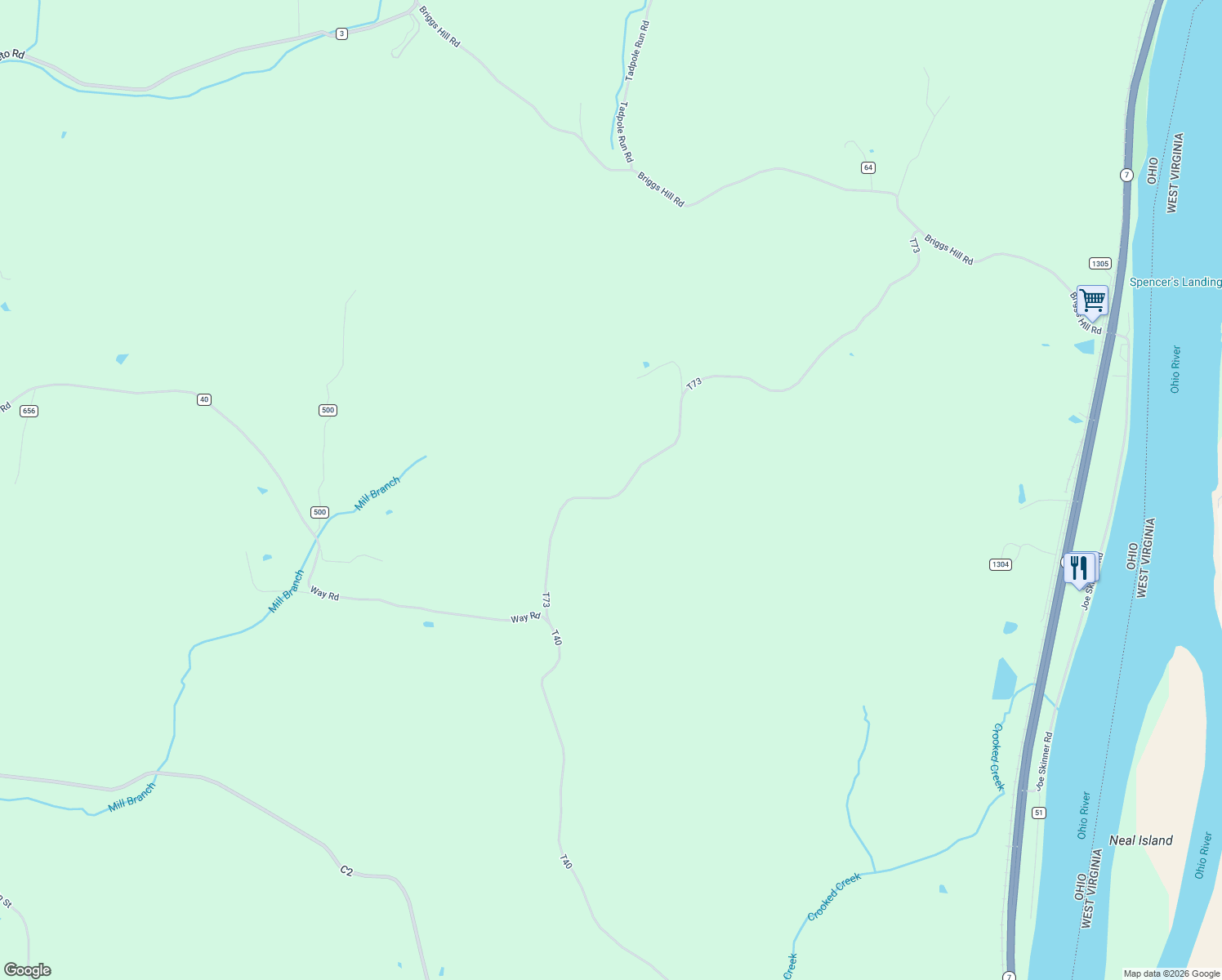 map of restaurants, bars, coffee shops, grocery stores, and more near 445 Township Road 73 in Belpre