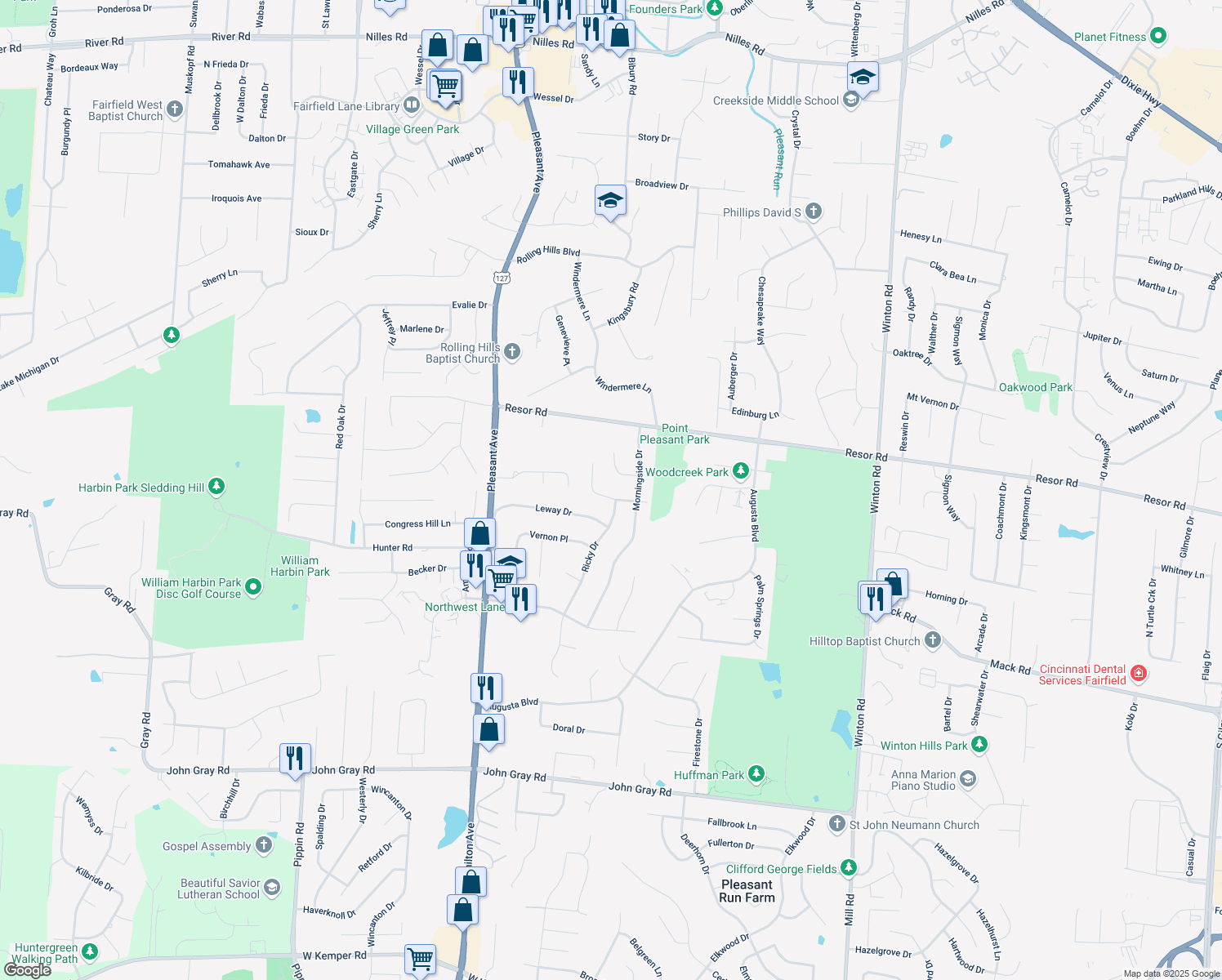 map of restaurants, bars, coffee shops, grocery stores, and more near 5858 Leslie Dr in Fairfield