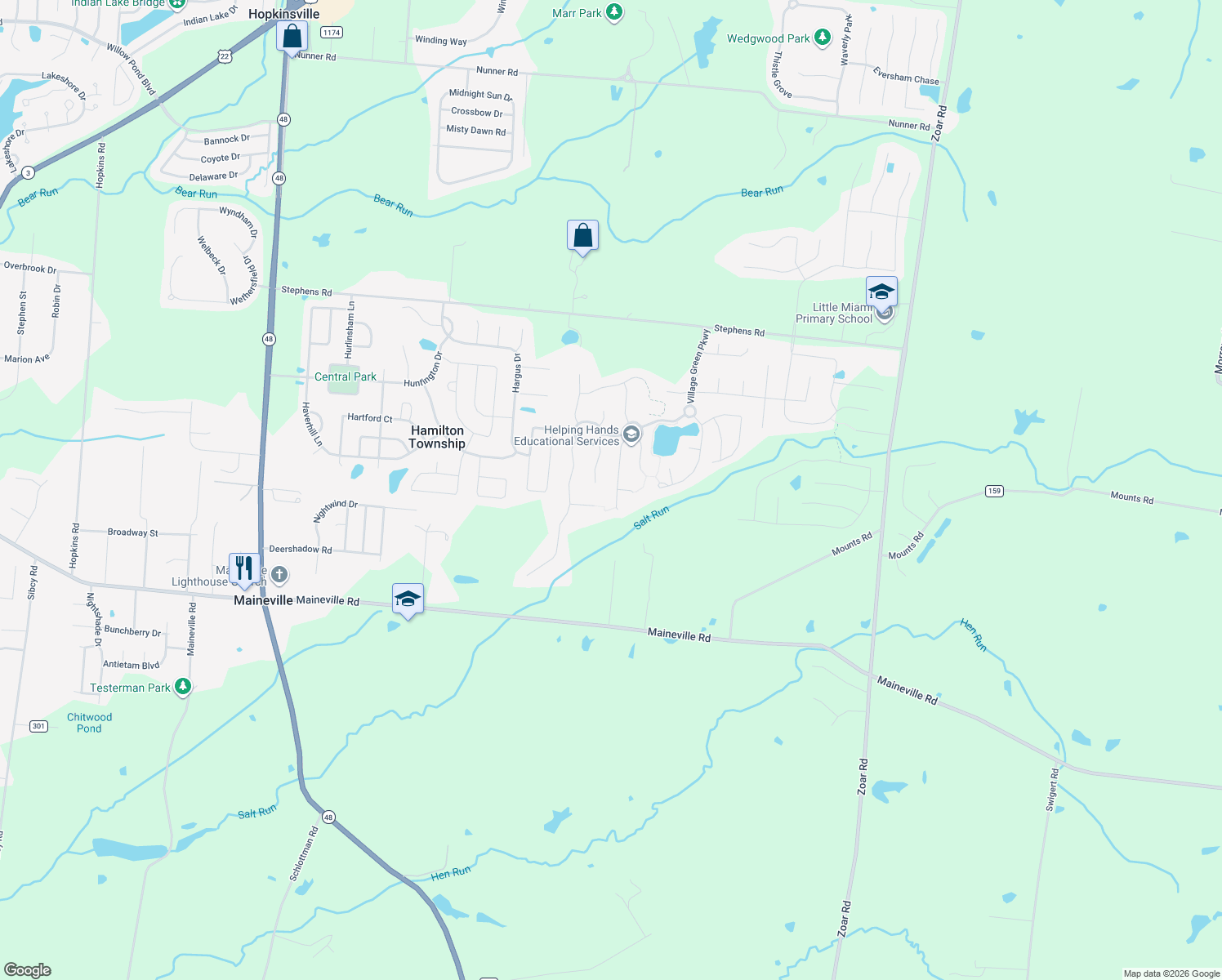 map of restaurants, bars, coffee shops, grocery stores, and more near 7851 Wilderness Way in Maineville