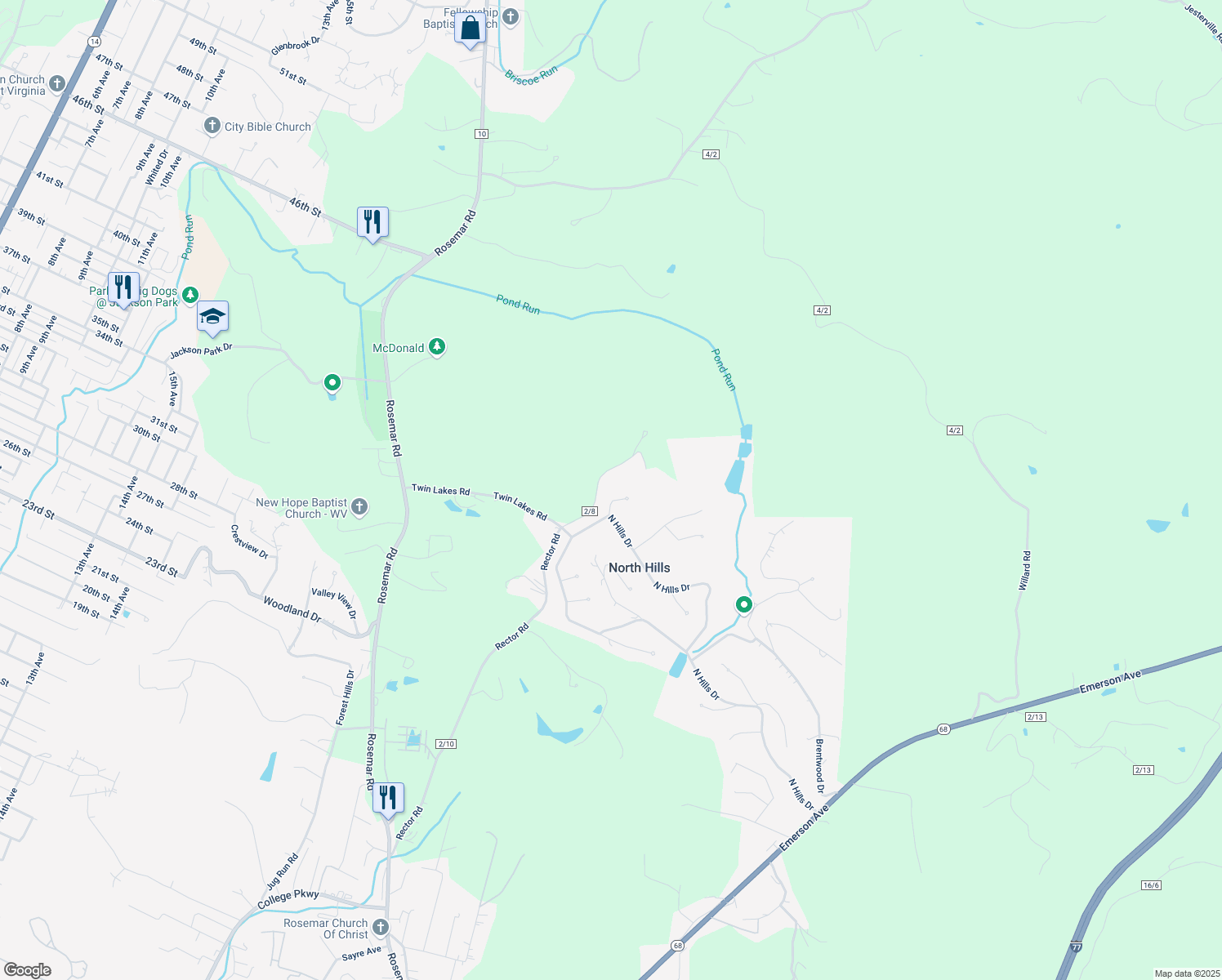 map of restaurants, bars, coffee shops, grocery stores, and more near 104 Tanglewood Pl in Parkersburg