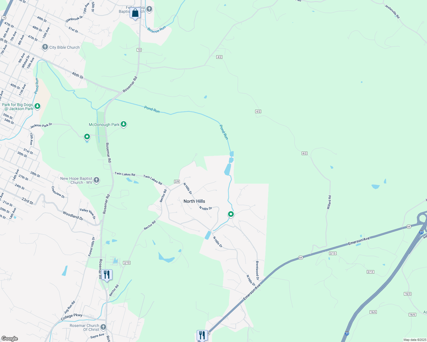 map of restaurants, bars, coffee shops, grocery stores, and more near in Parkersburg