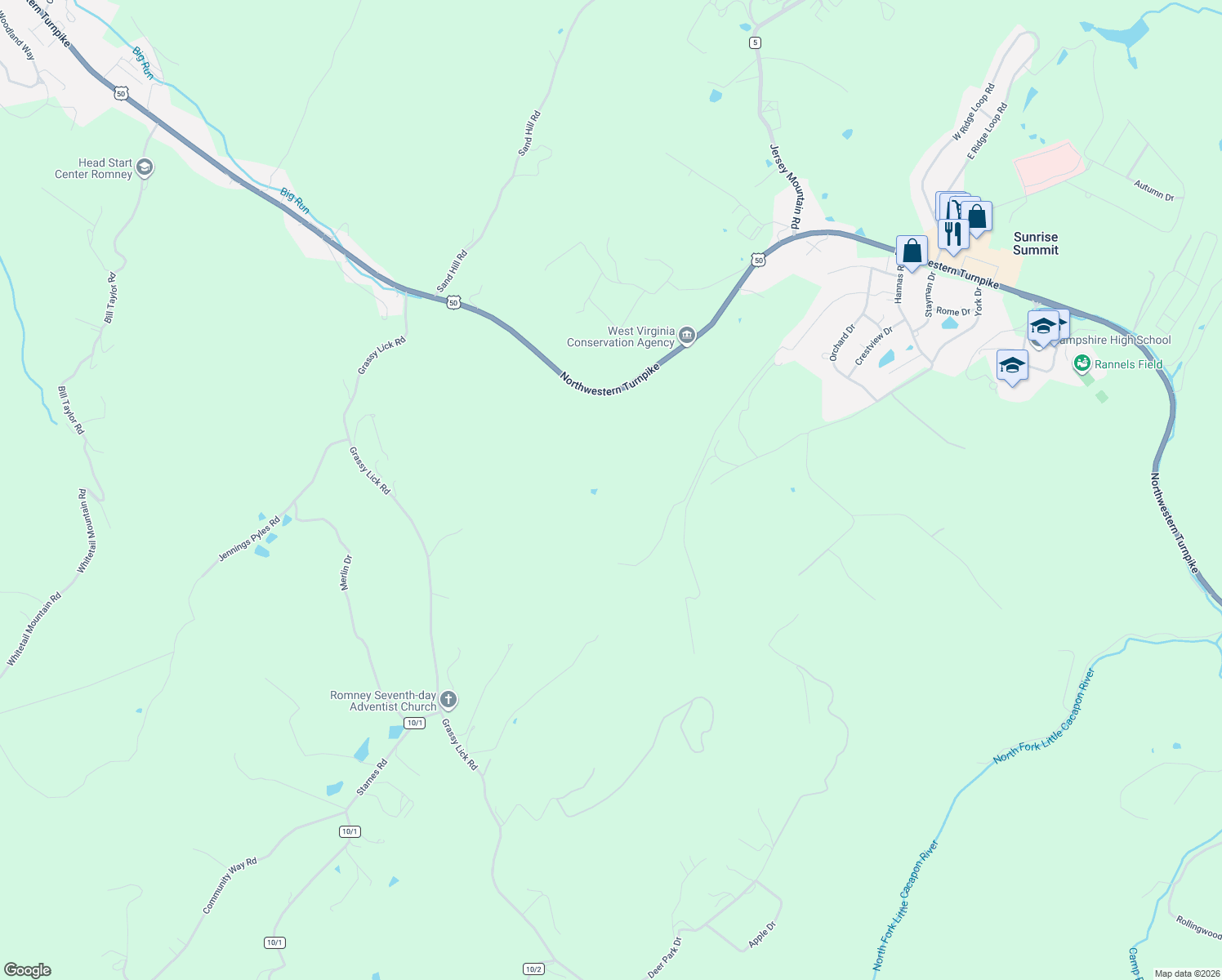 map of restaurants, bars, coffee shops, grocery stores, and more near 23283 Northwestern pike in Romney