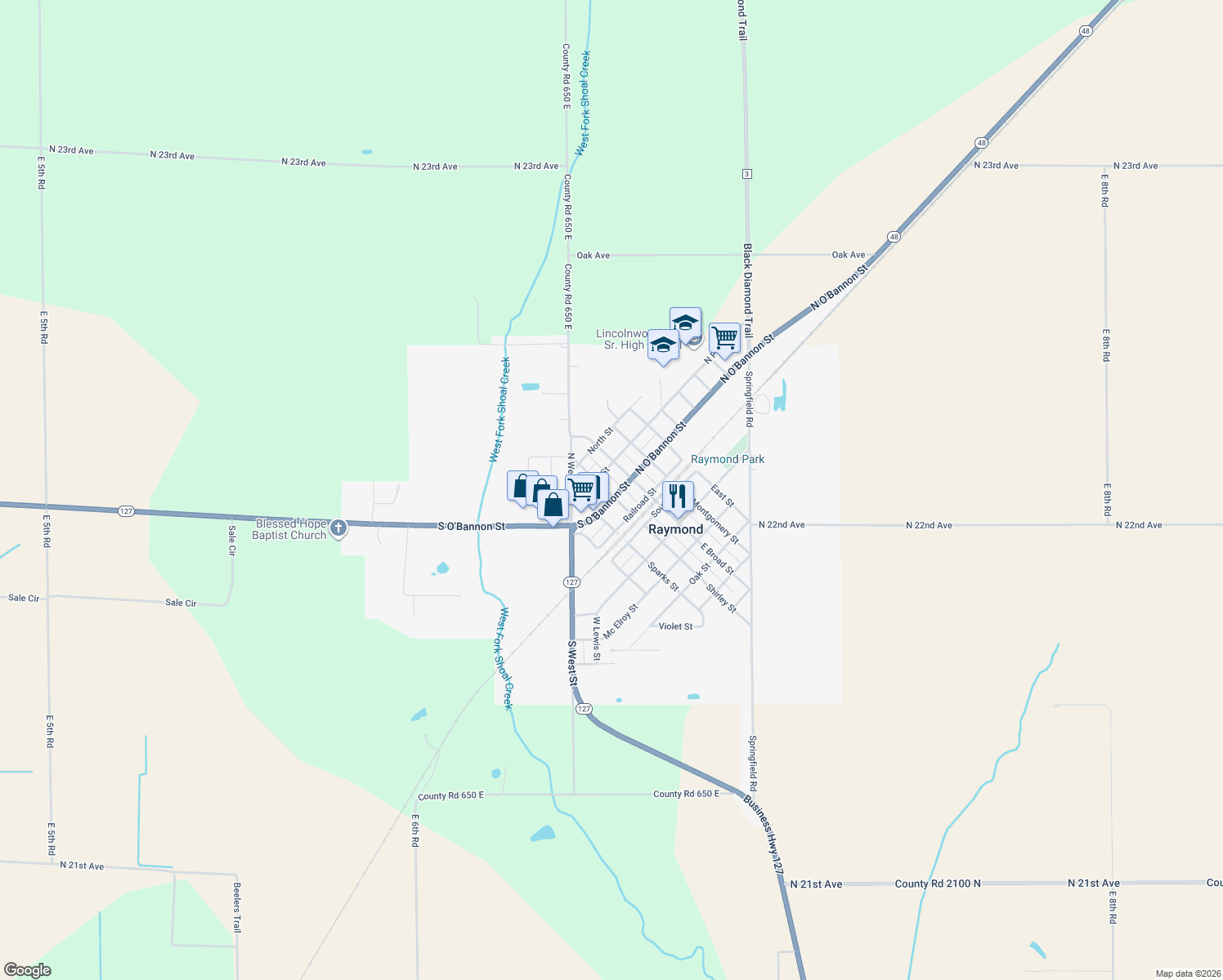 map of restaurants, bars, coffee shops, grocery stores, and more near 112 South O'Bannon Street in Raymond