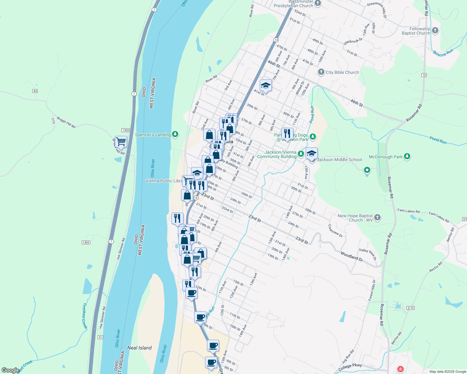 map of restaurants, bars, coffee shops, grocery stores, and more near 802 27th St in Vienna