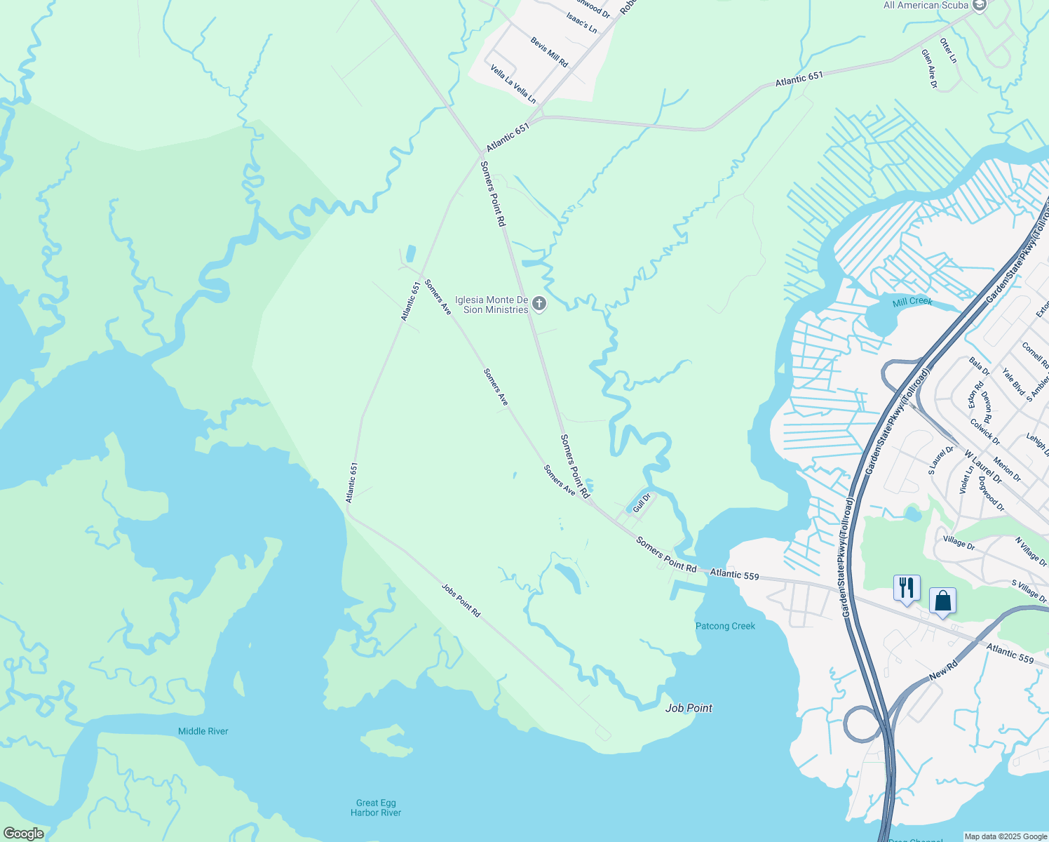 map of restaurants, bars, coffee shops, grocery stores, and more near 62 Somers Avenue in Egg Harbor Township