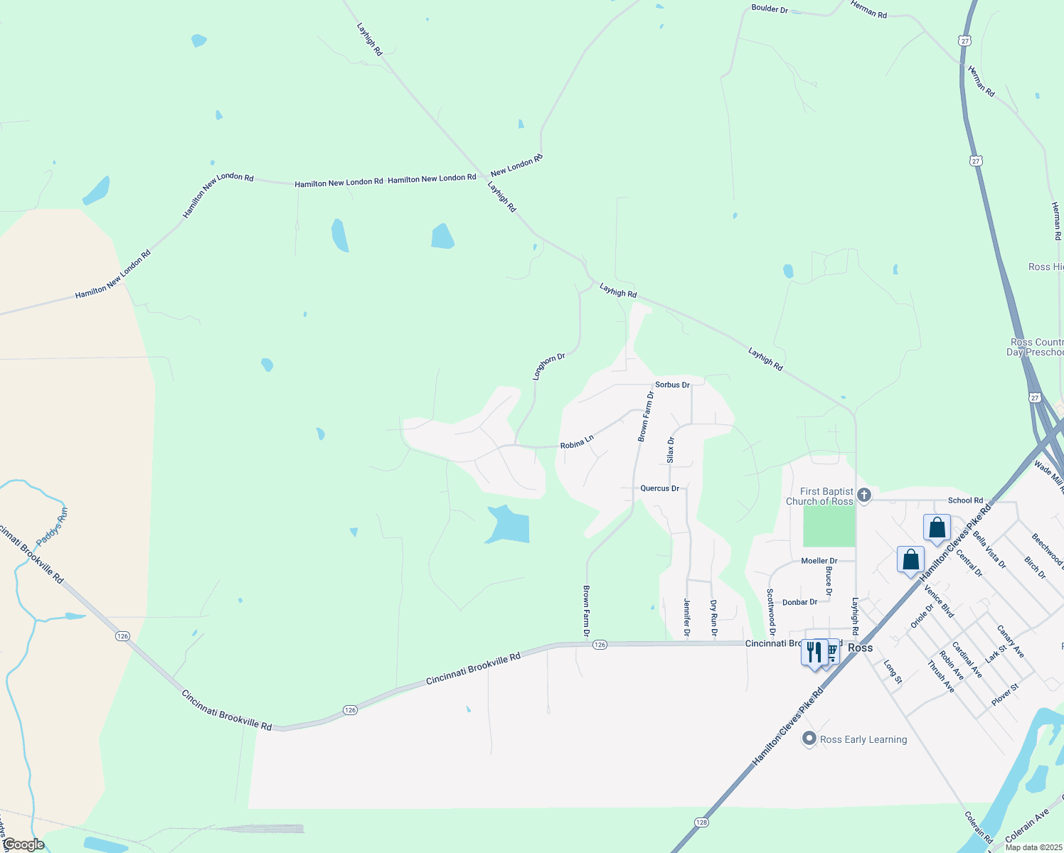 map of restaurants, bars, coffee shops, grocery stores, and more near 3846 Longhorn Drive in Hamilton