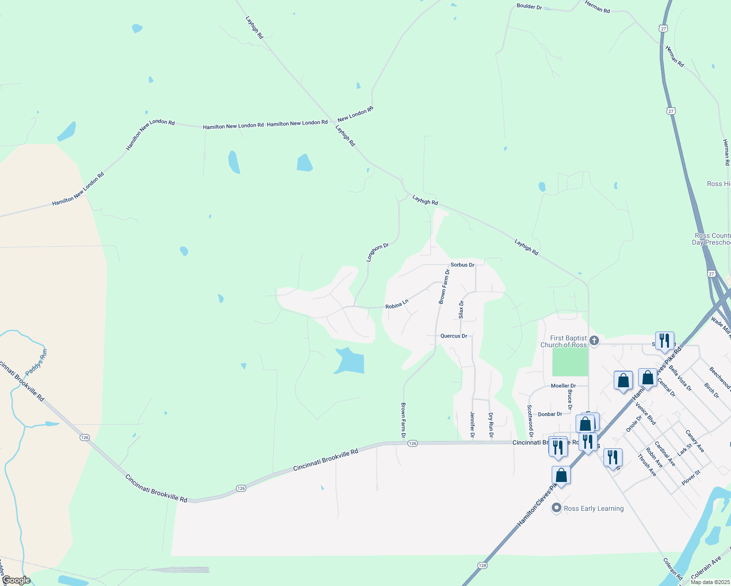 map of restaurants, bars, coffee shops, grocery stores, and more near 3846 Longhorn Drive in Hamilton