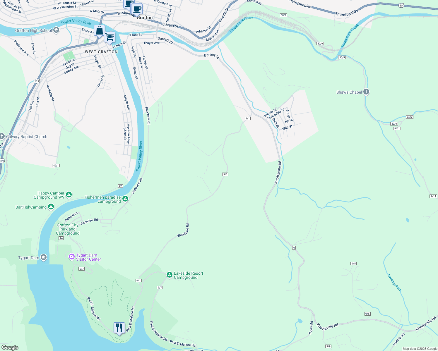 map of restaurants, bars, coffee shops, grocery stores, and more near 670 Woodyard Road in Grafton
