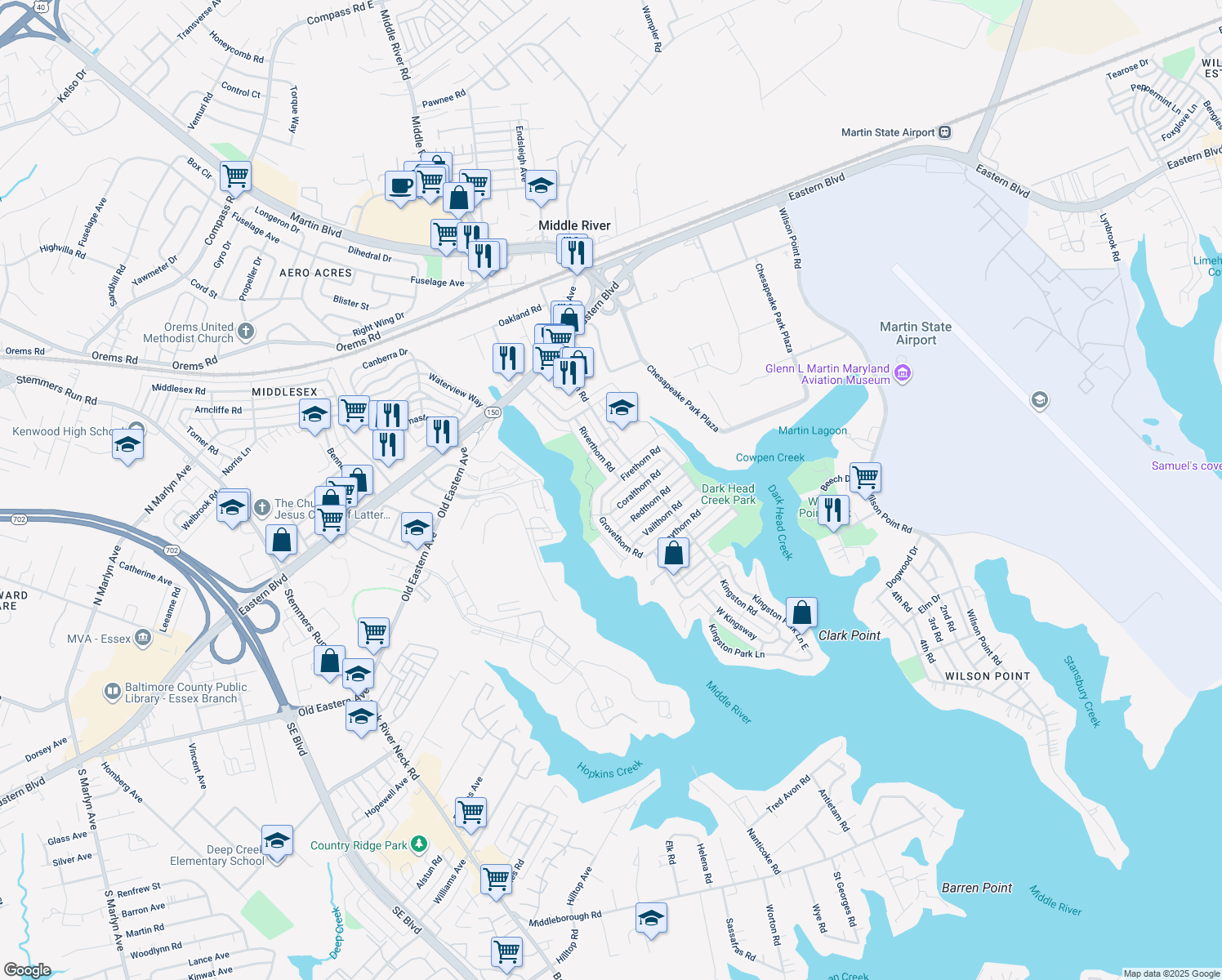 map of restaurants, bars, coffee shops, grocery stores, and more near 2122 Firethorn Rd in Middle River